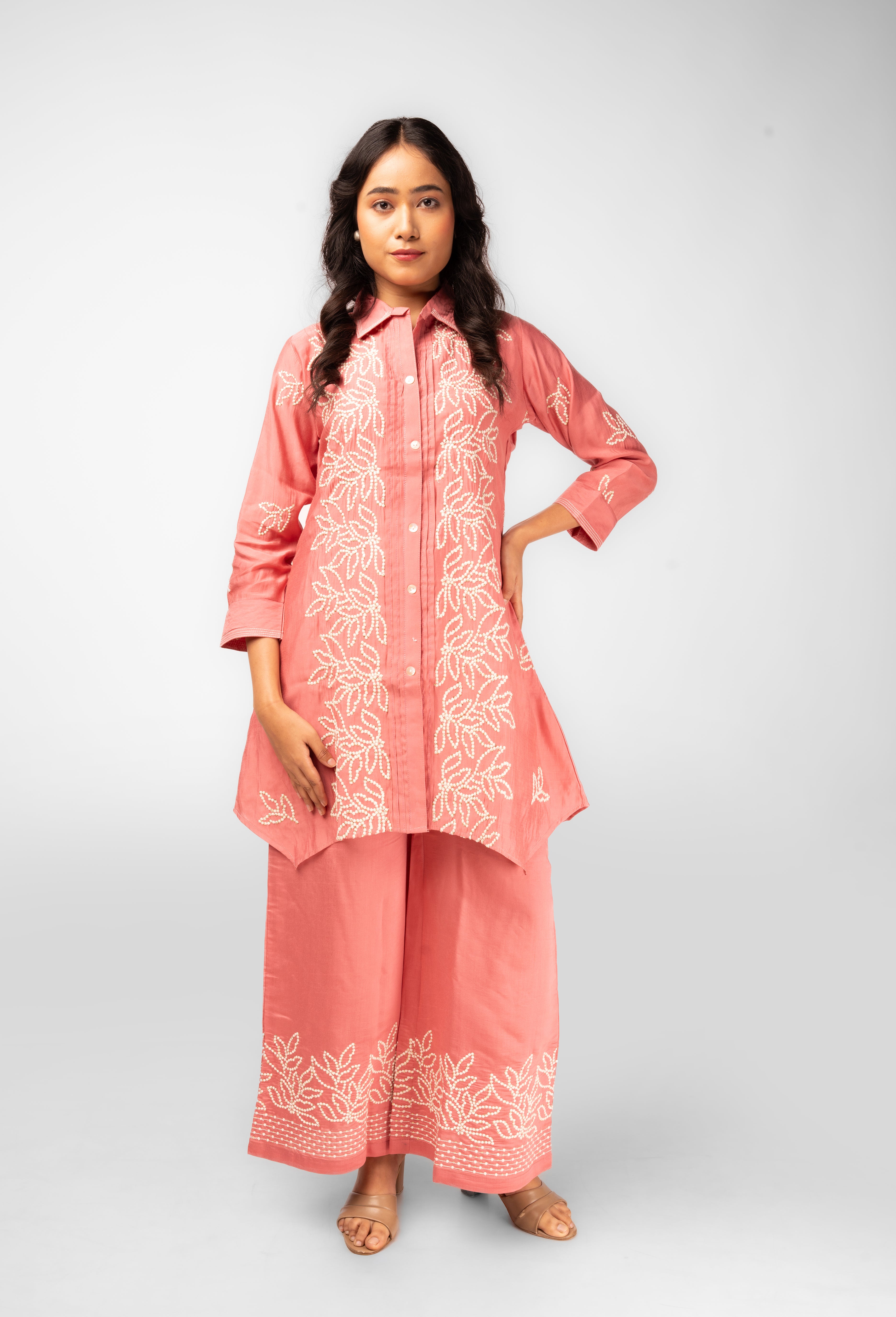 Peachy Pink Embroidered Kurti Set