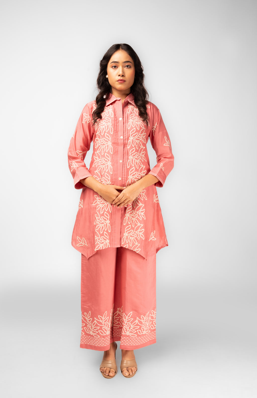 Peachy Pink Embroidered Kurti Set