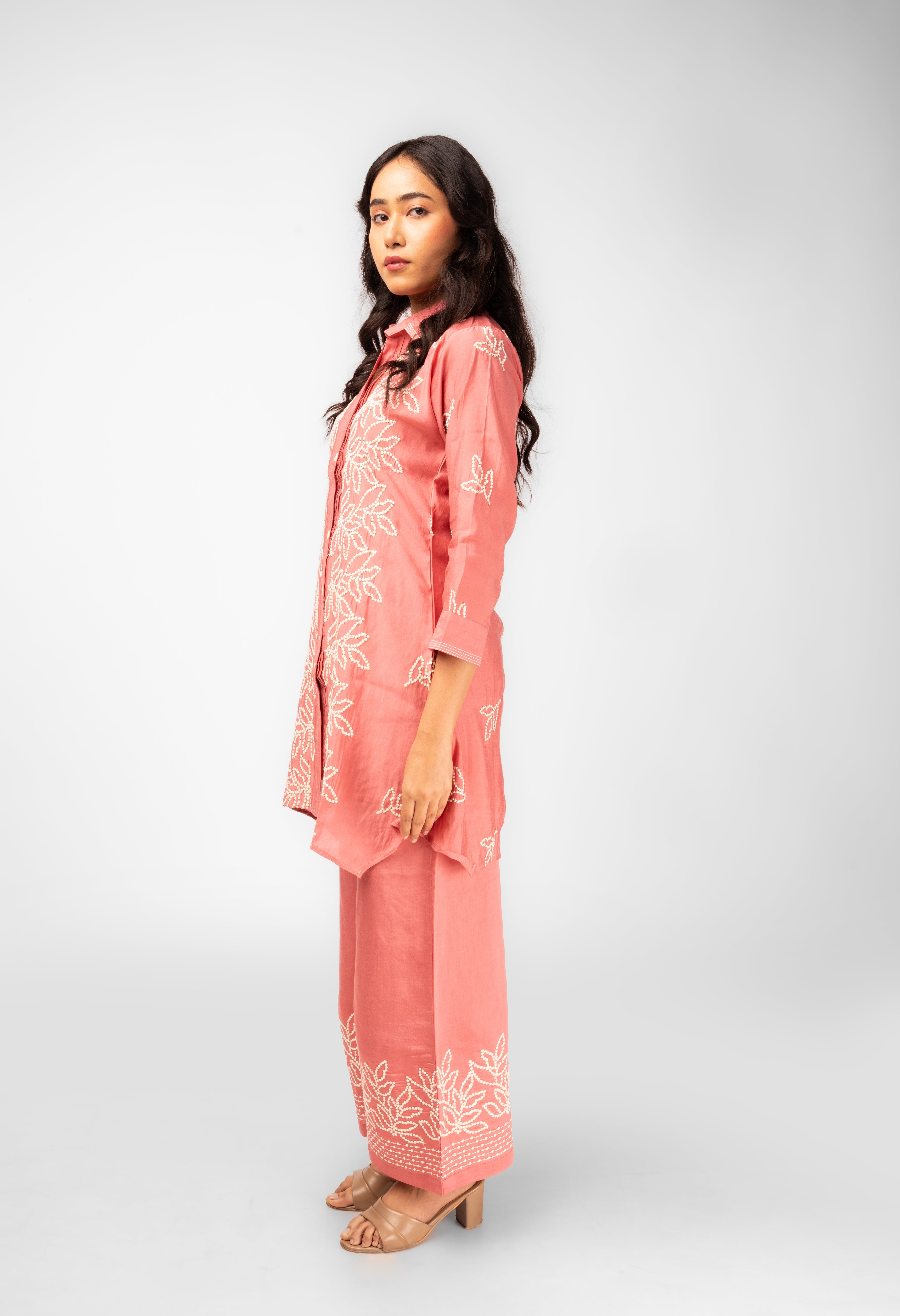 Peachy Pink Embroidered Kurti Set