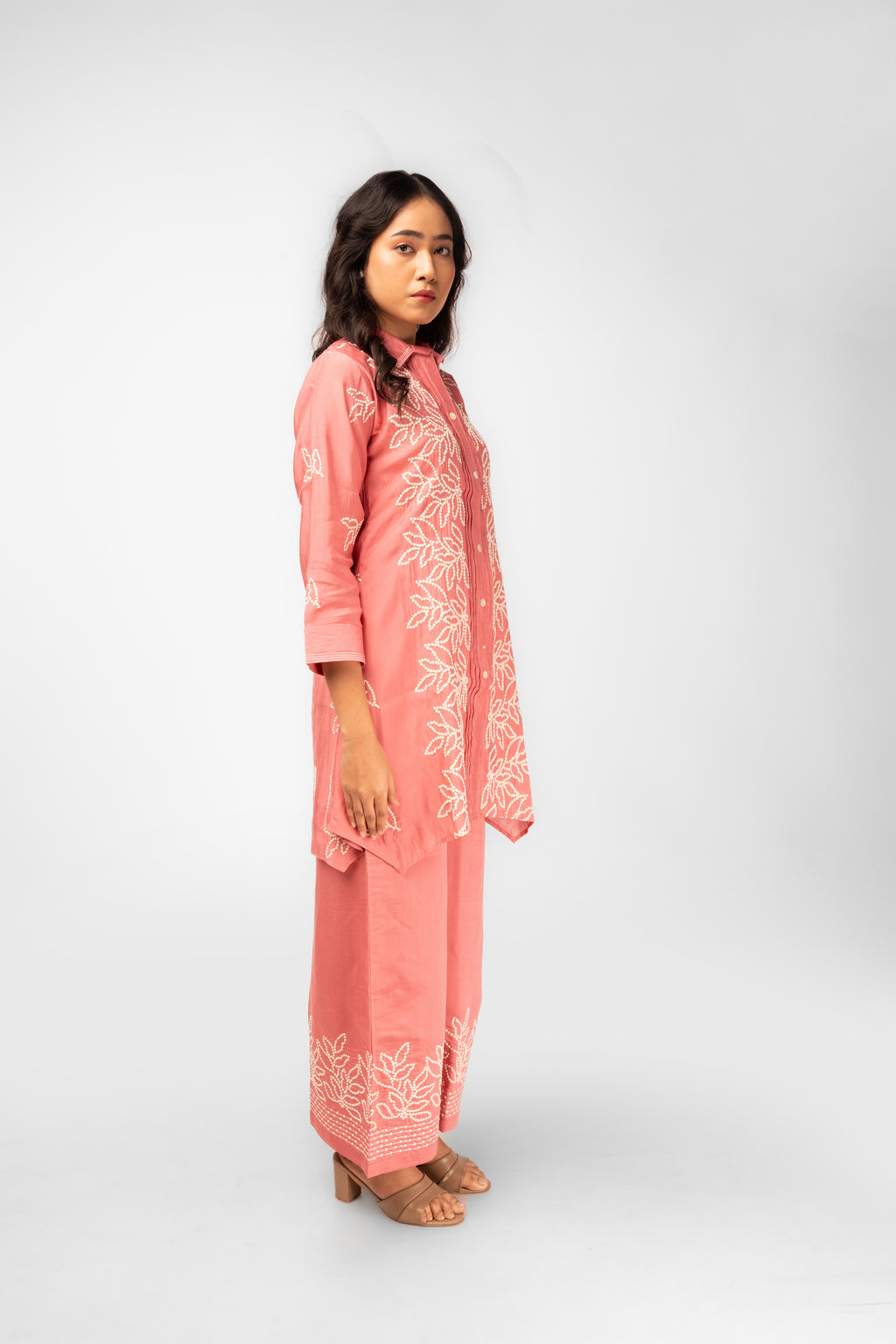 Peachy Pink Embroidered Kurti Set