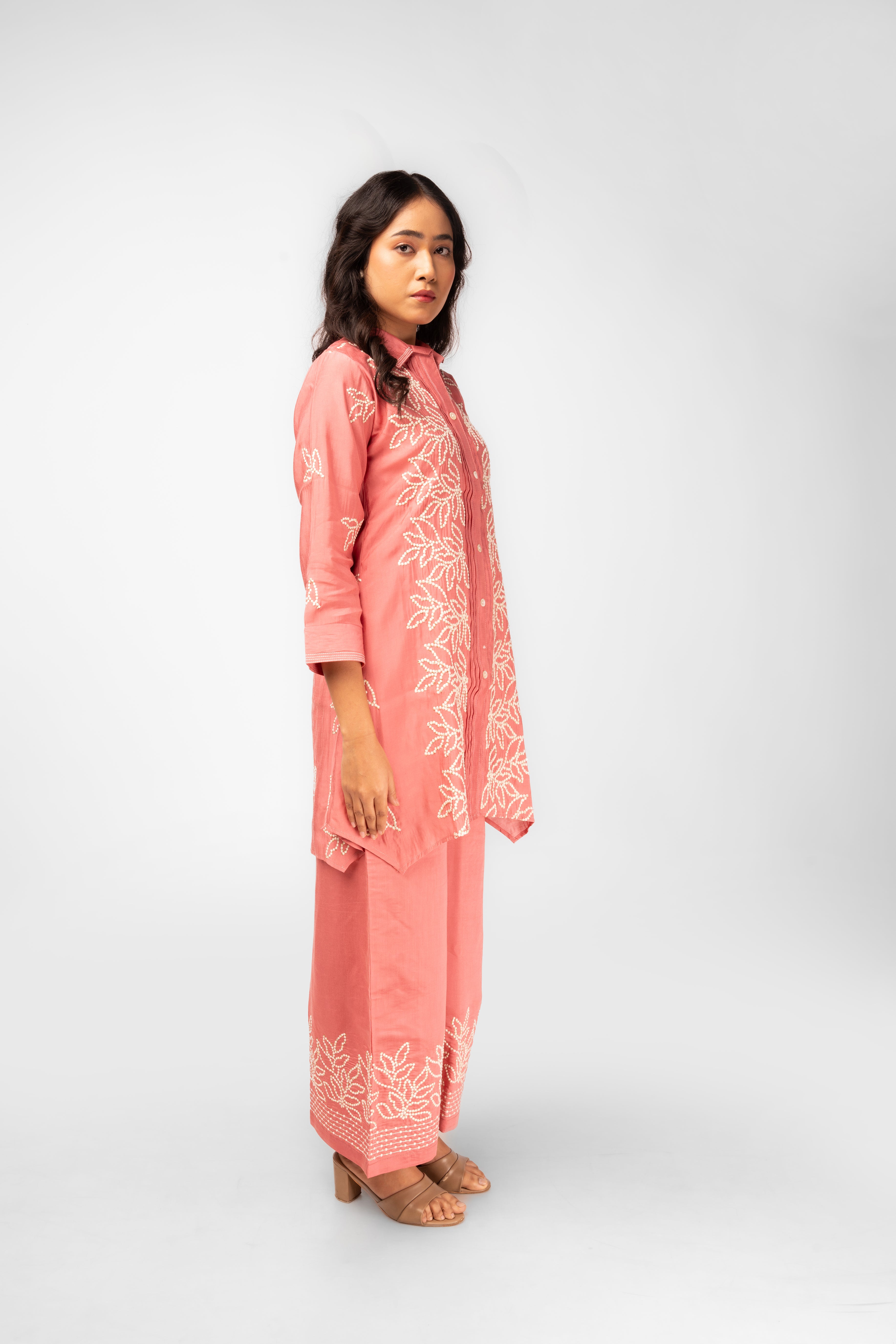 Peachy Pink Embroidered Kurti Set