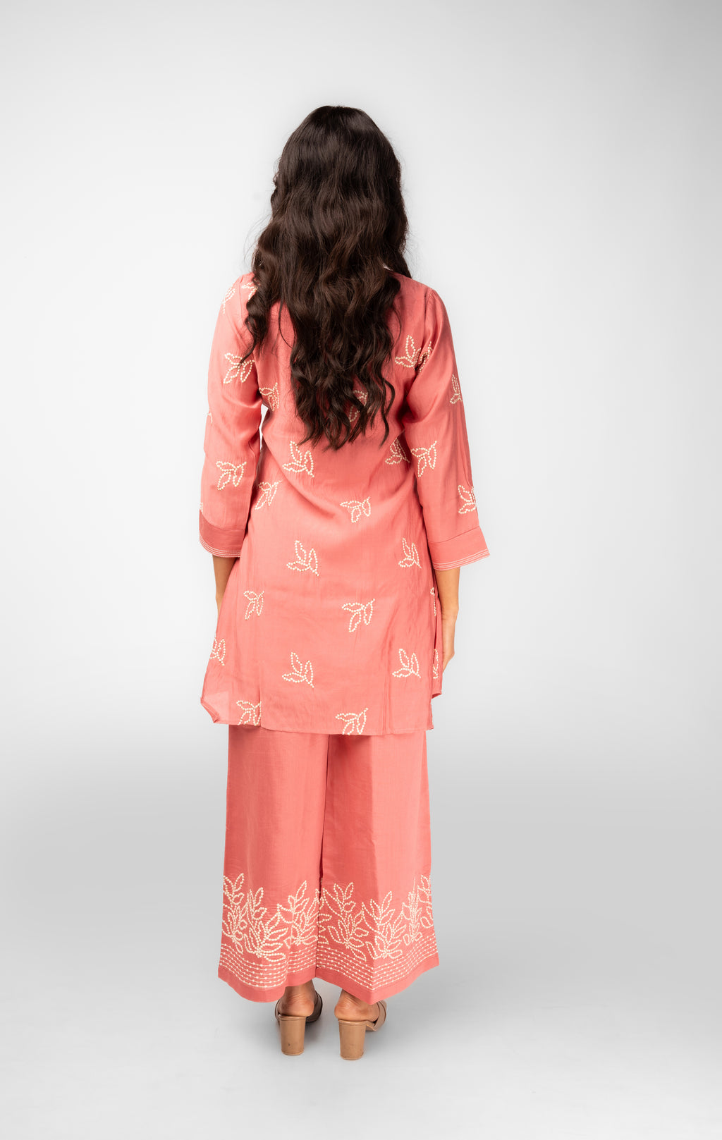 Peachy Pink Embroidered Kurti Set