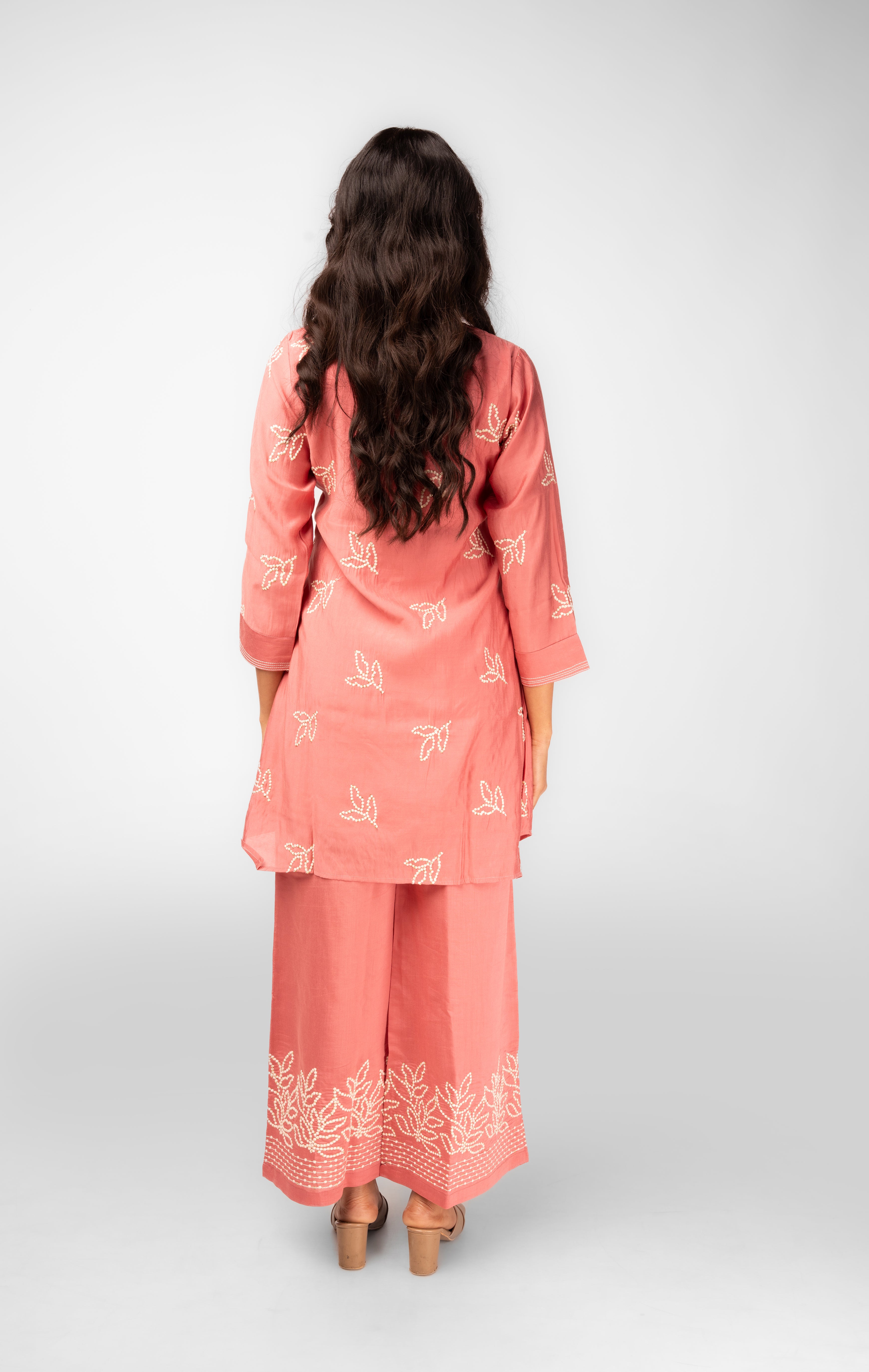 Peachy Pink Embroidered Kurti Set