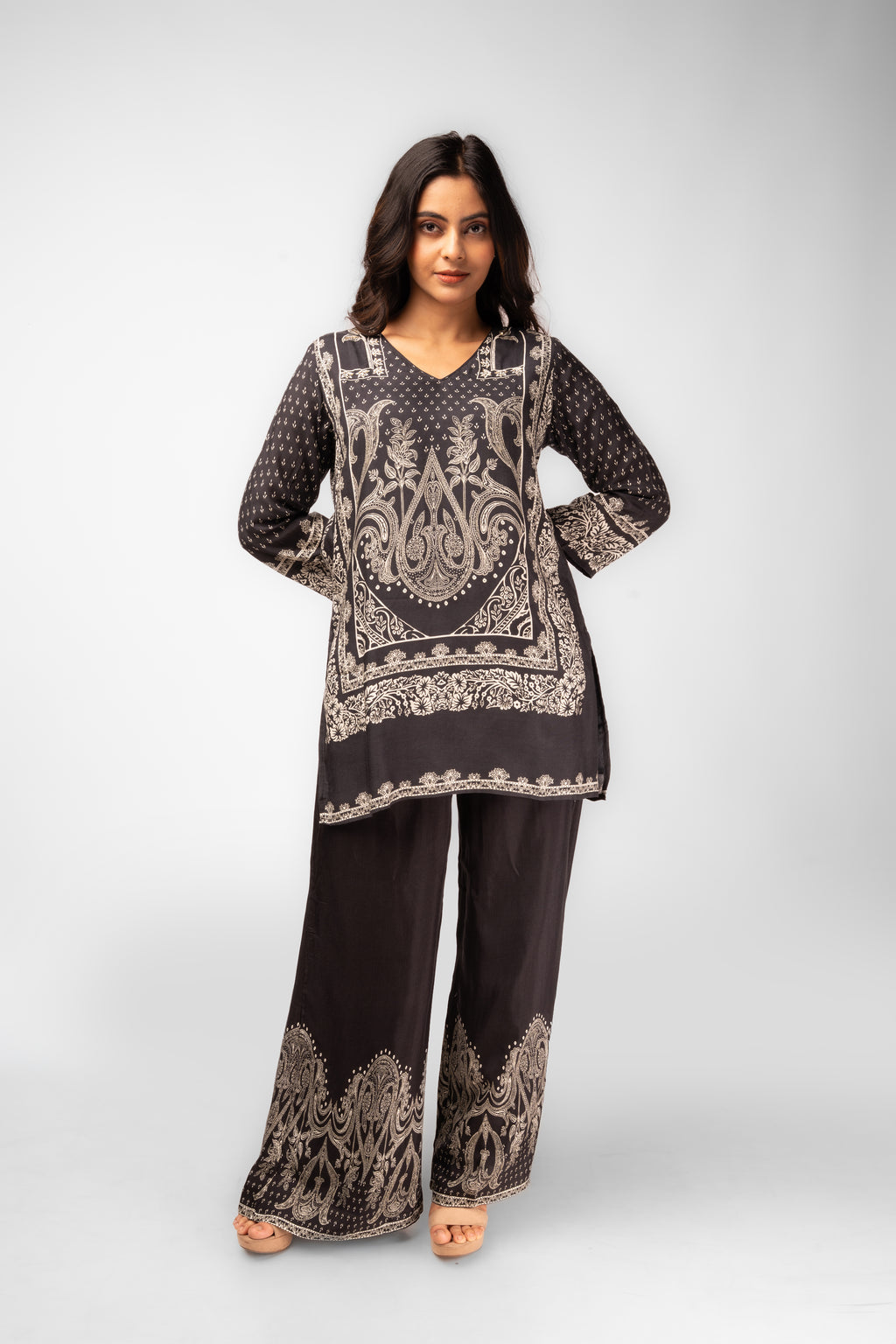 Charcoal Modal Silk Printed Kurti Set