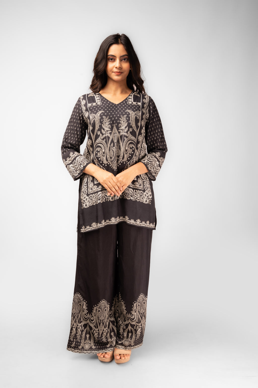 Charcoal Modal Silk Printed Kurti Set