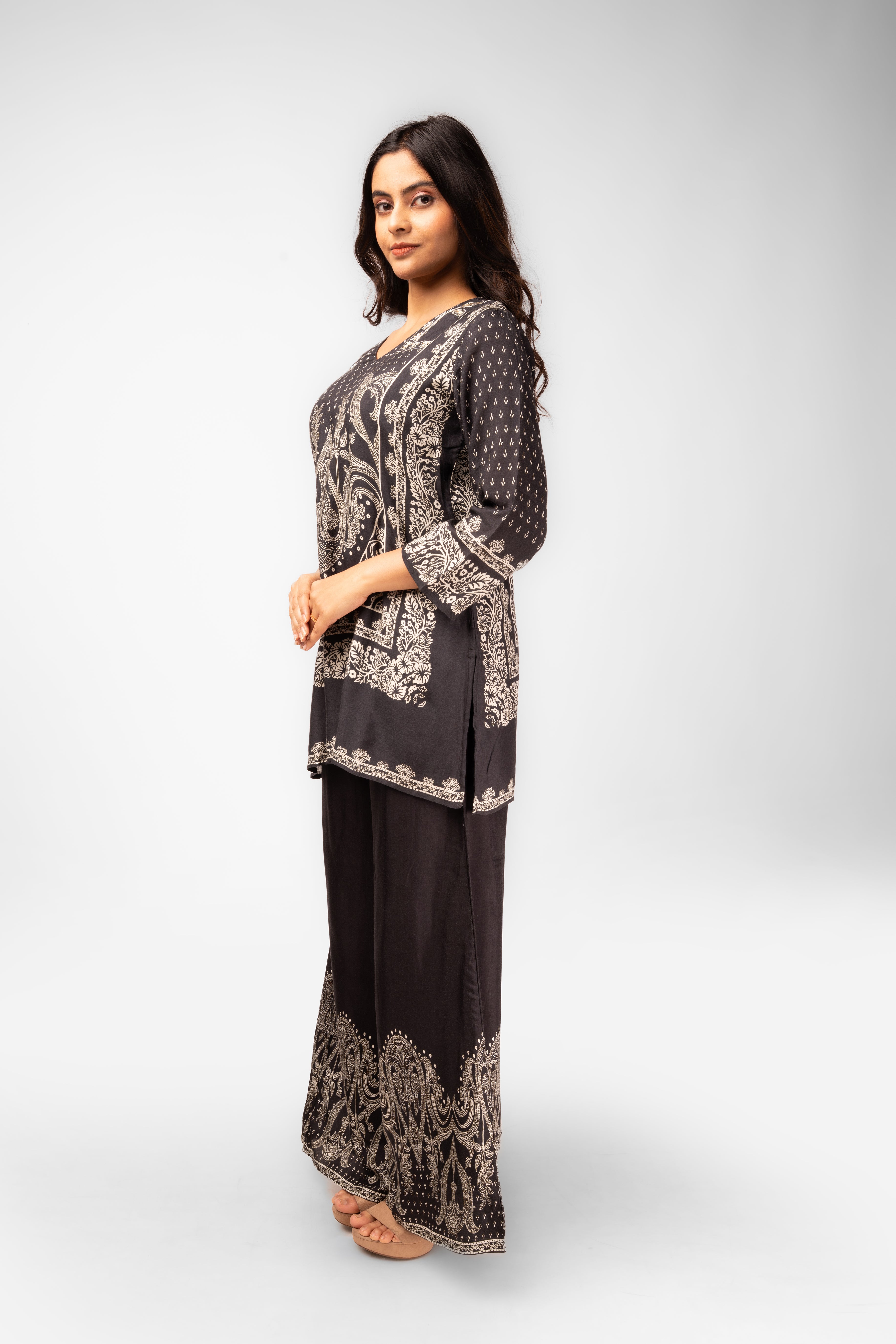 Charcoal Modal Silk Printed Kurti Set