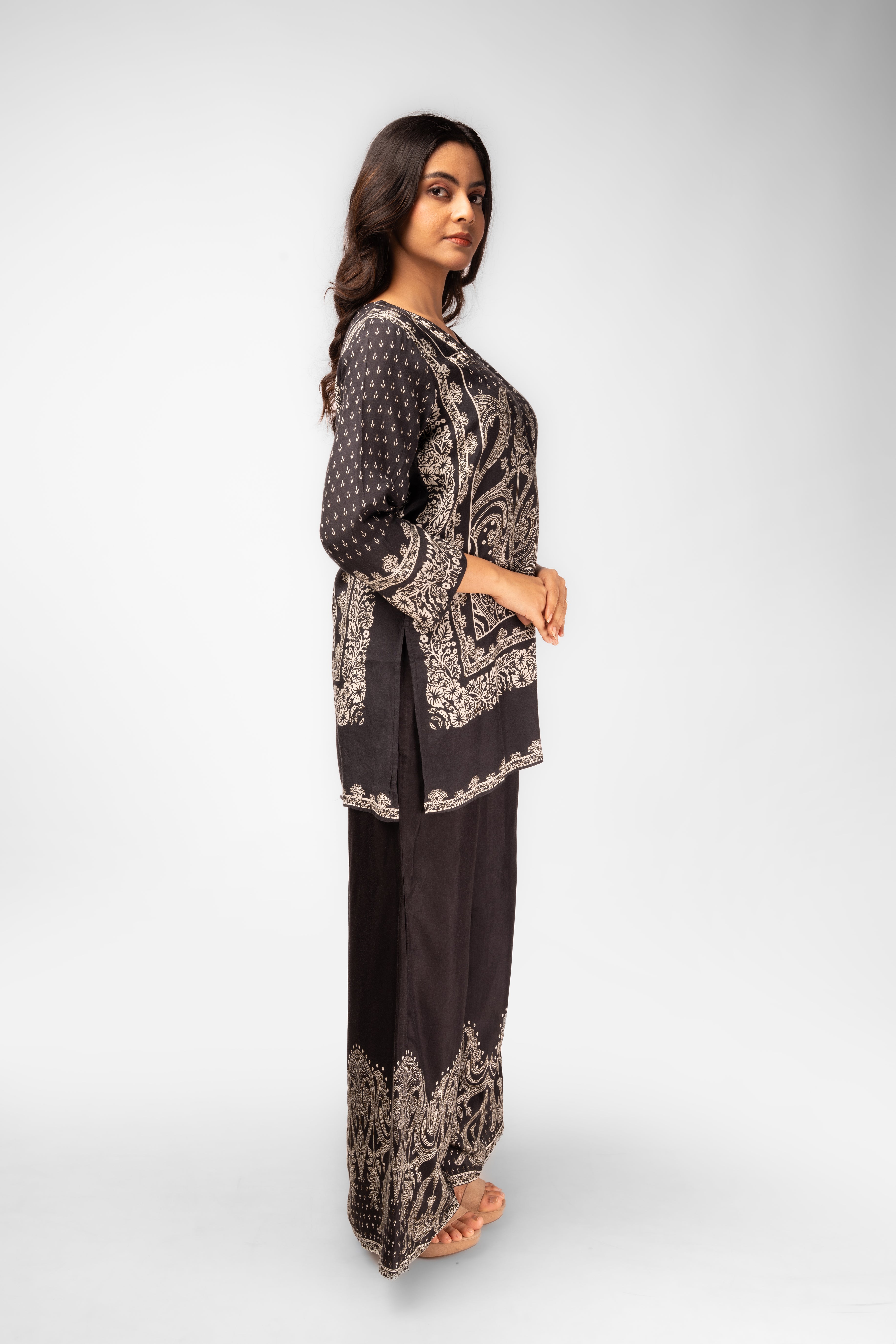 Charcoal Modal Silk Printed Kurti Set