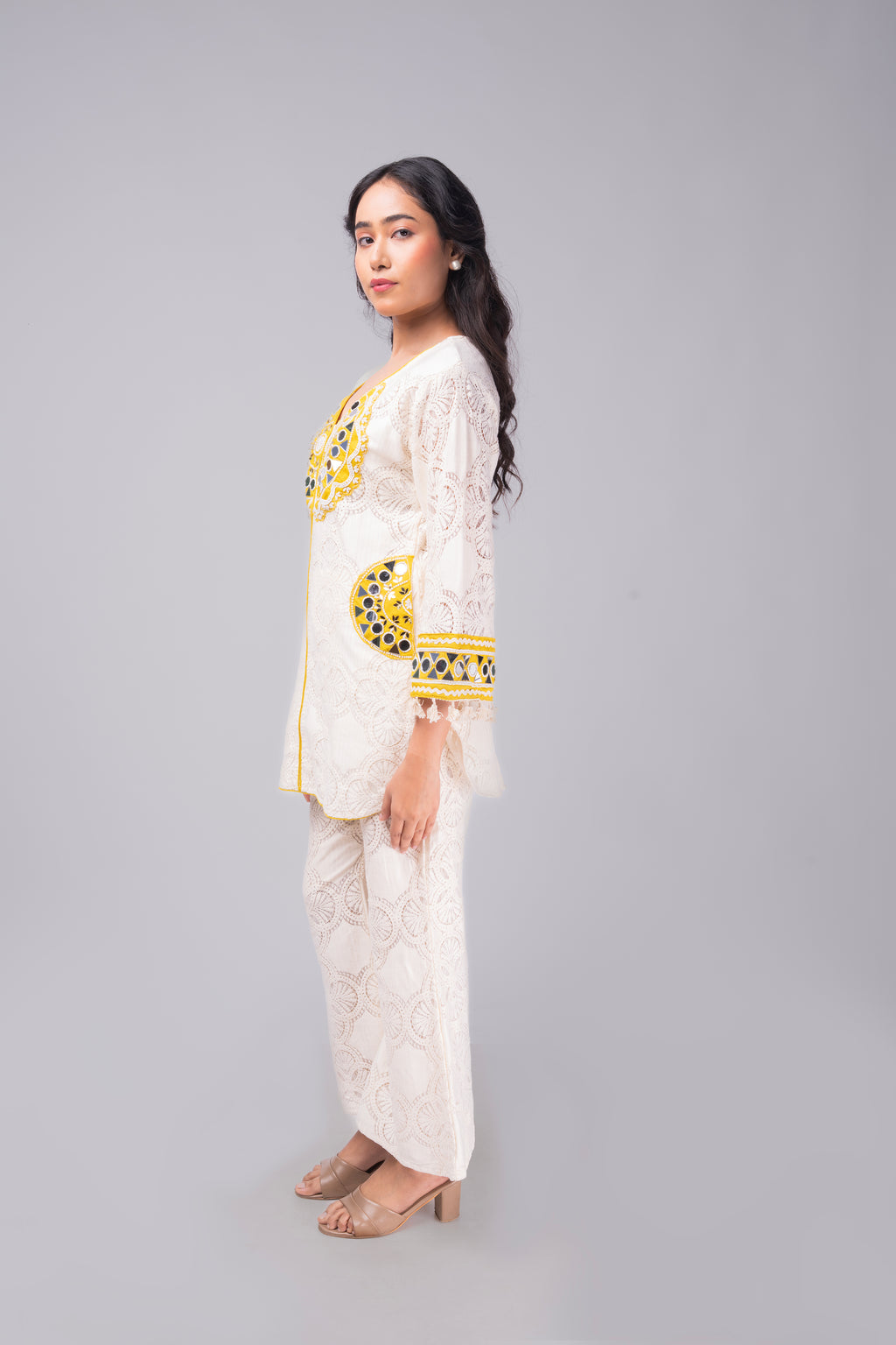 Ivory Lace Kurti Co-ord Set with Yellow Embroidered Detailing