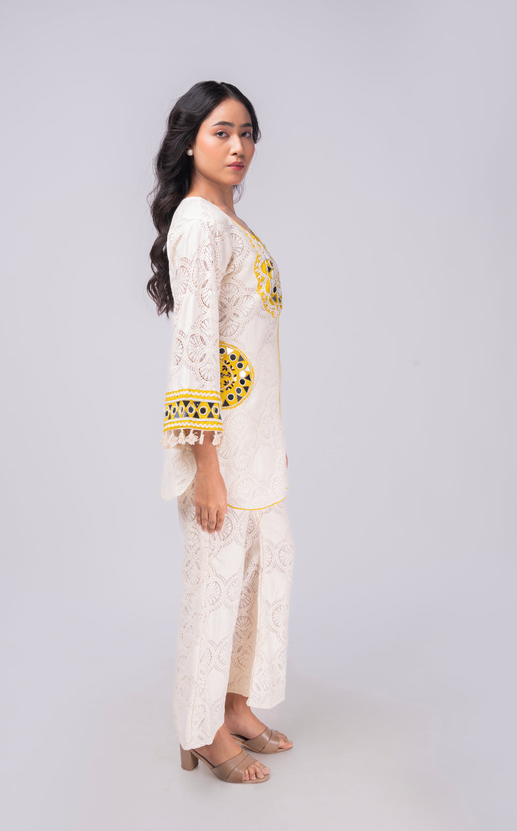 Ivory Lace Kurti Co-ord Set with Yellow Embroidered Detailing
