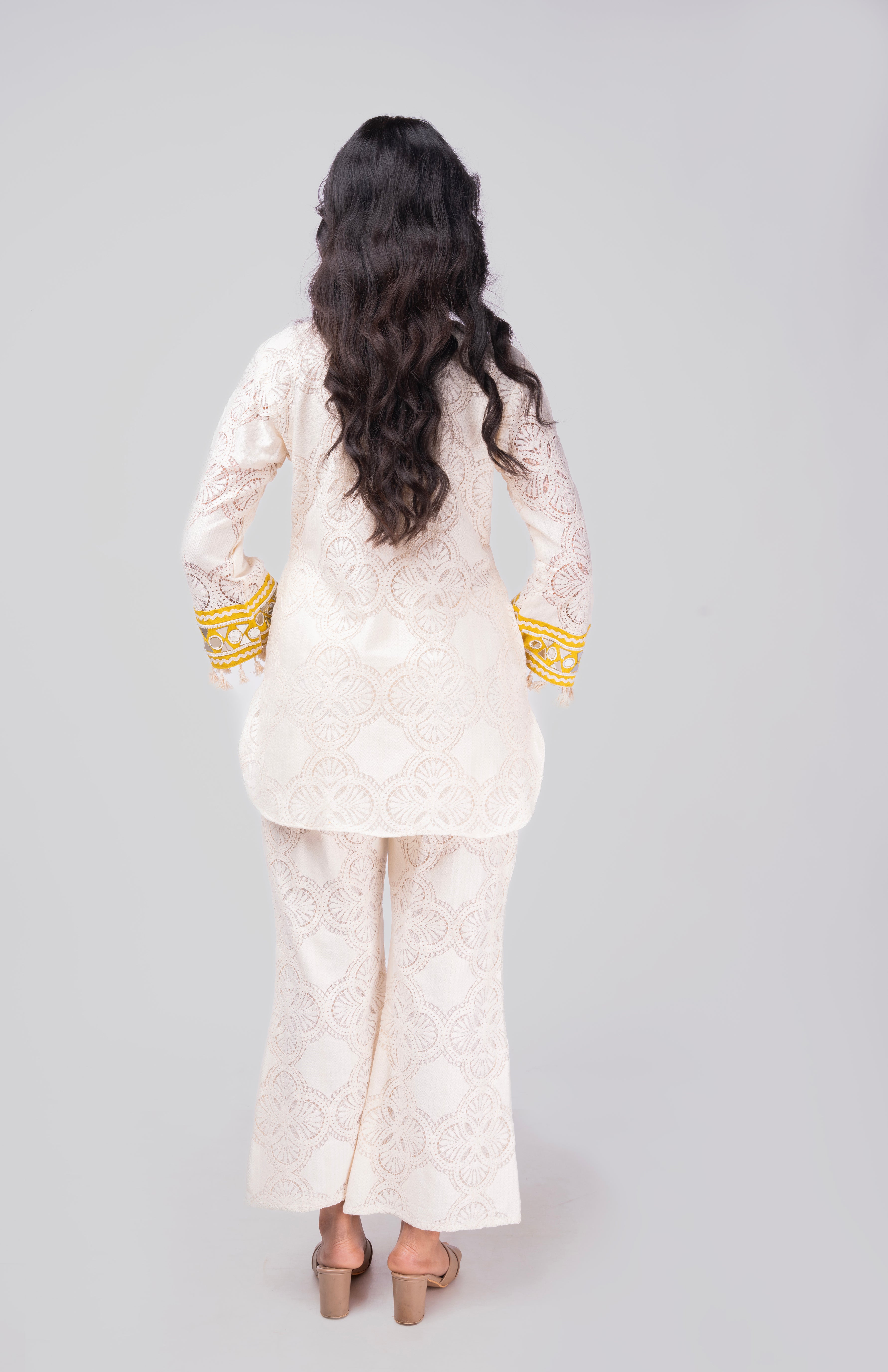 Ivory Lace Kurti Co-ord Set with Yellow Embroidered Detailing