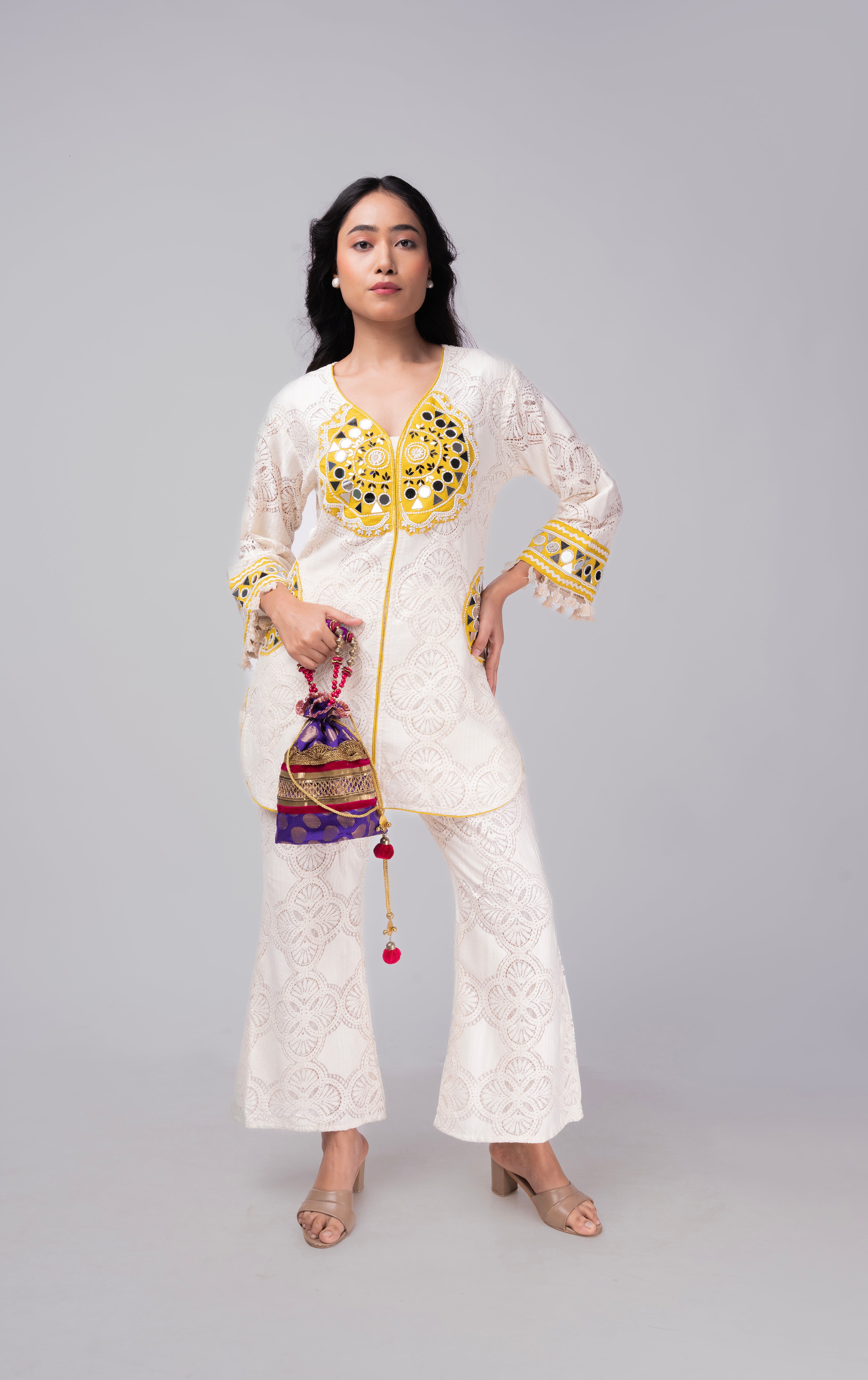 Ivory Lace Kurti Co-ord Set with Yellow Embroidered Detailing