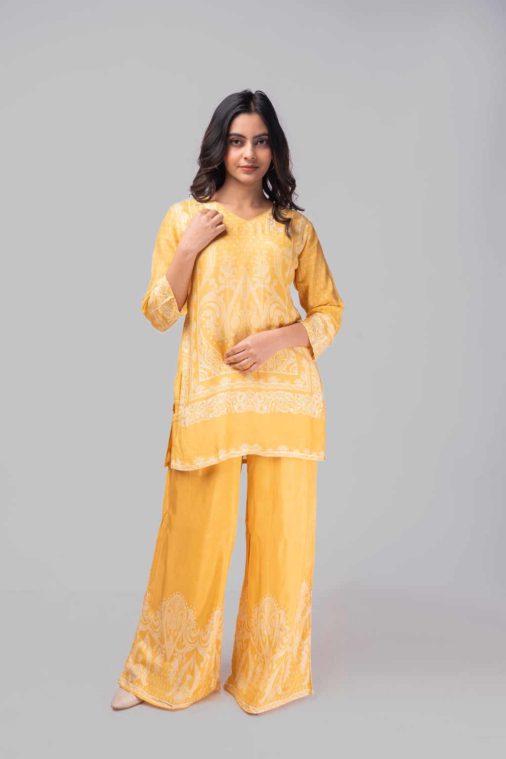 Yellow premium modal silk co-ordset with beads and sequins on neck