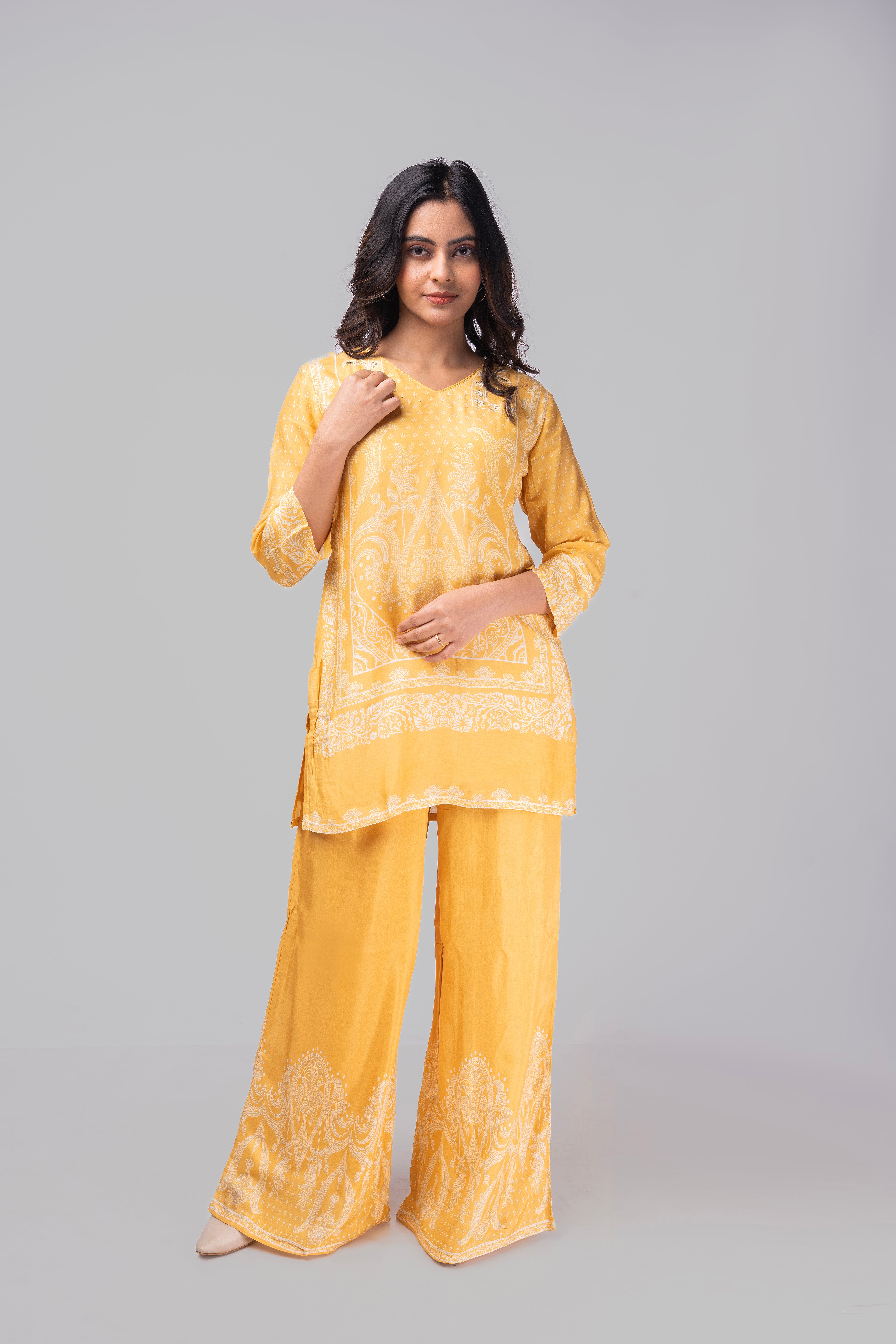 Yellow premium modal silk co-ordset with beads and sequins on neck