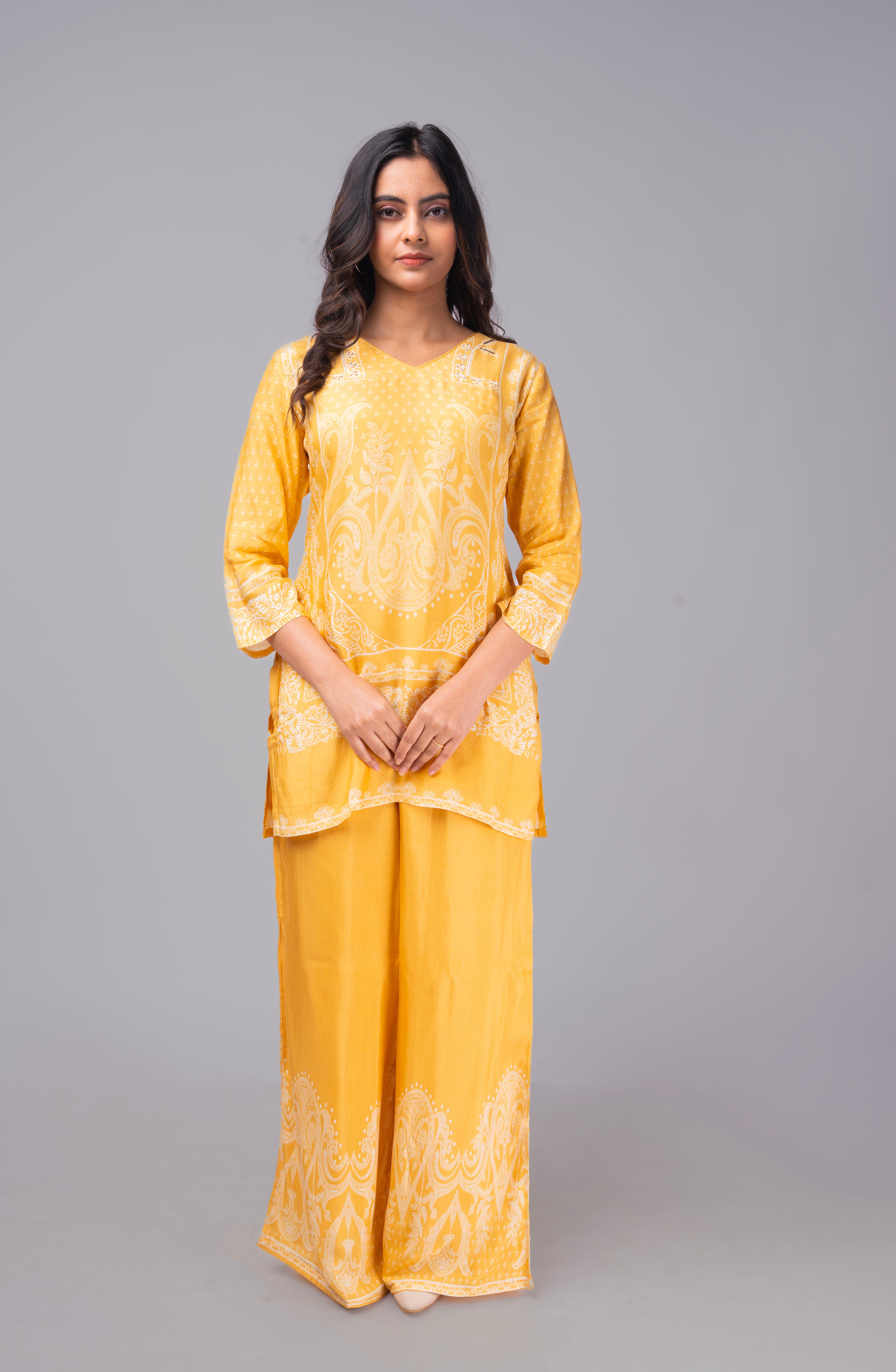 Yellow premium modal silk co-ordset with beads and sequins on neck