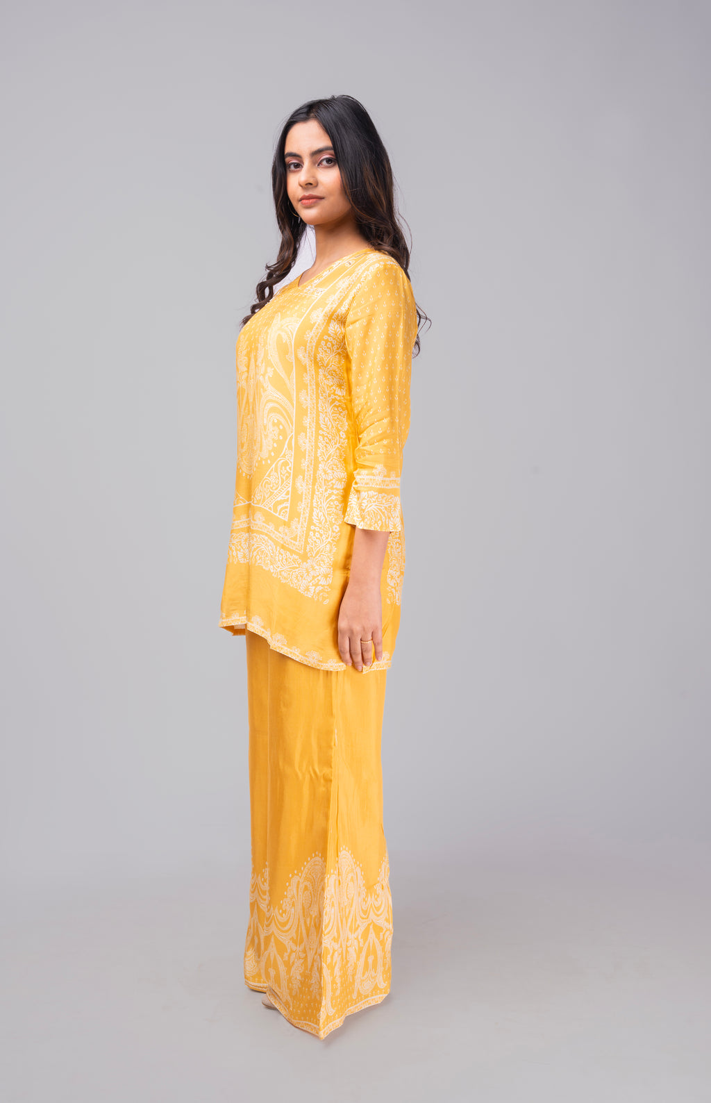 Yellow premium modal silk co-ordset with beads and sequins on neck