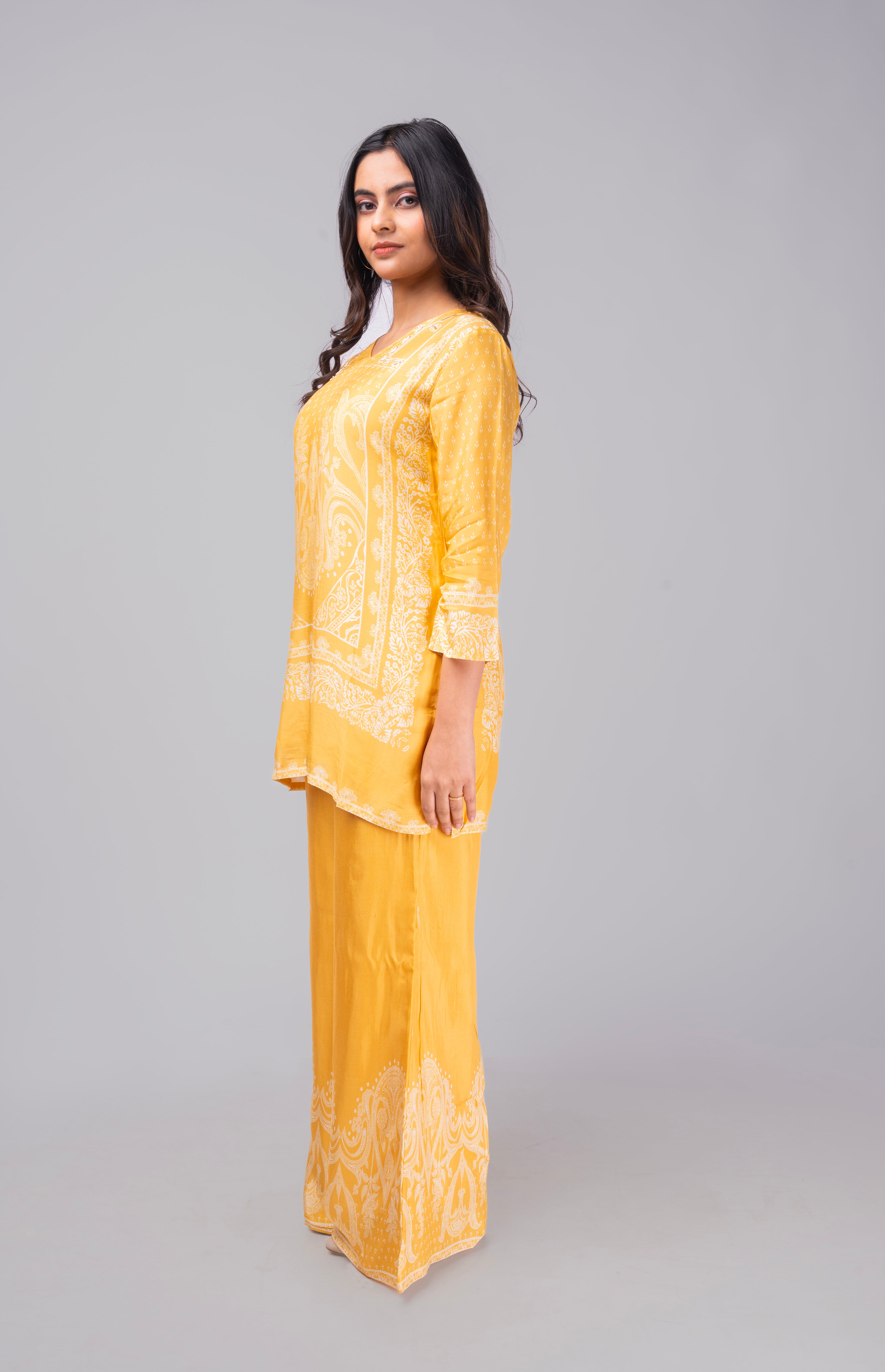 Yellow premium modal silk co-ordset with beads and sequins on neck