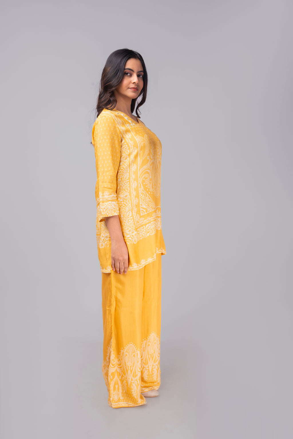 Yellow premium modal silk co-ordset with beads and sequins on neck