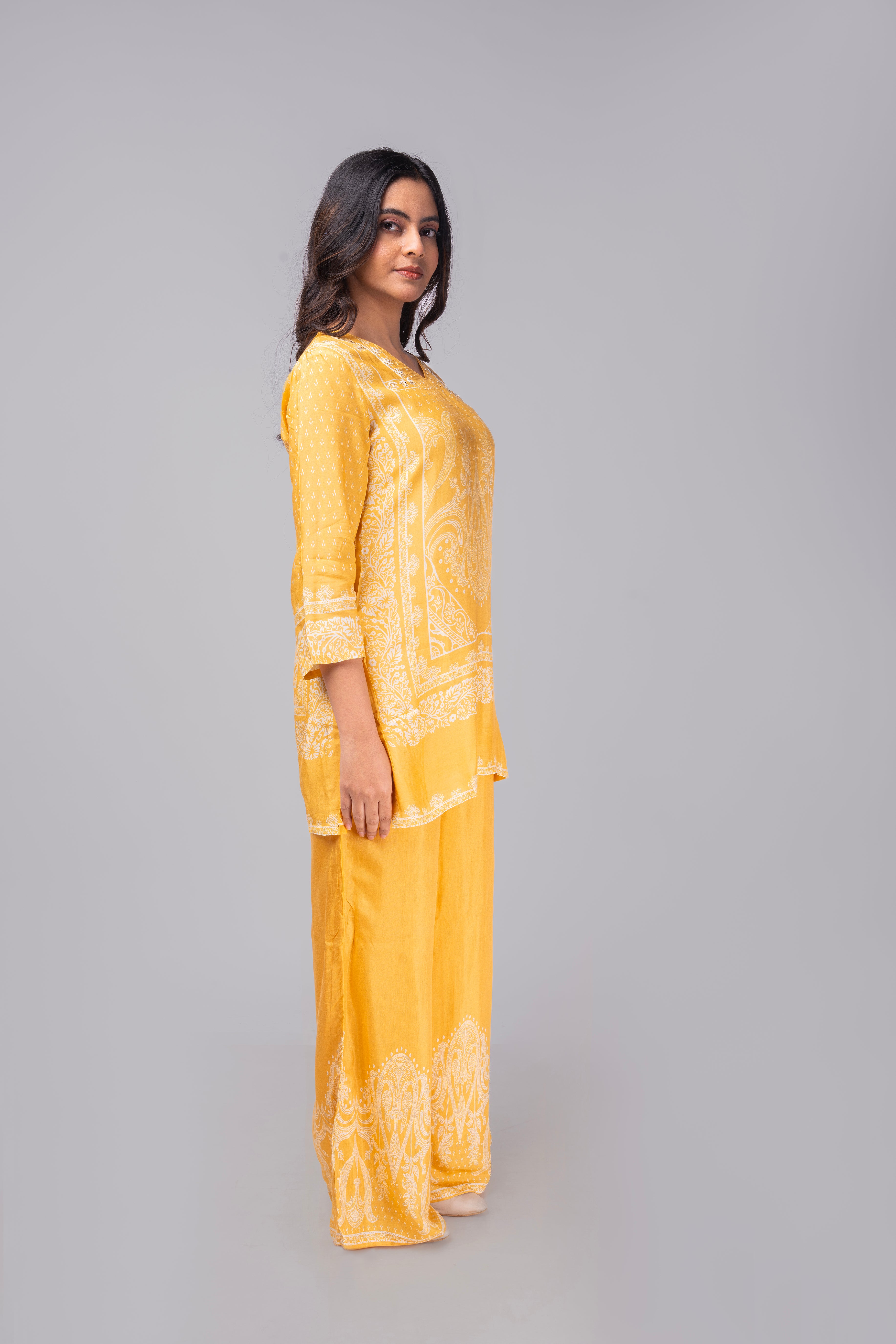Yellow premium modal silk co-ordset with beads and sequins on neck