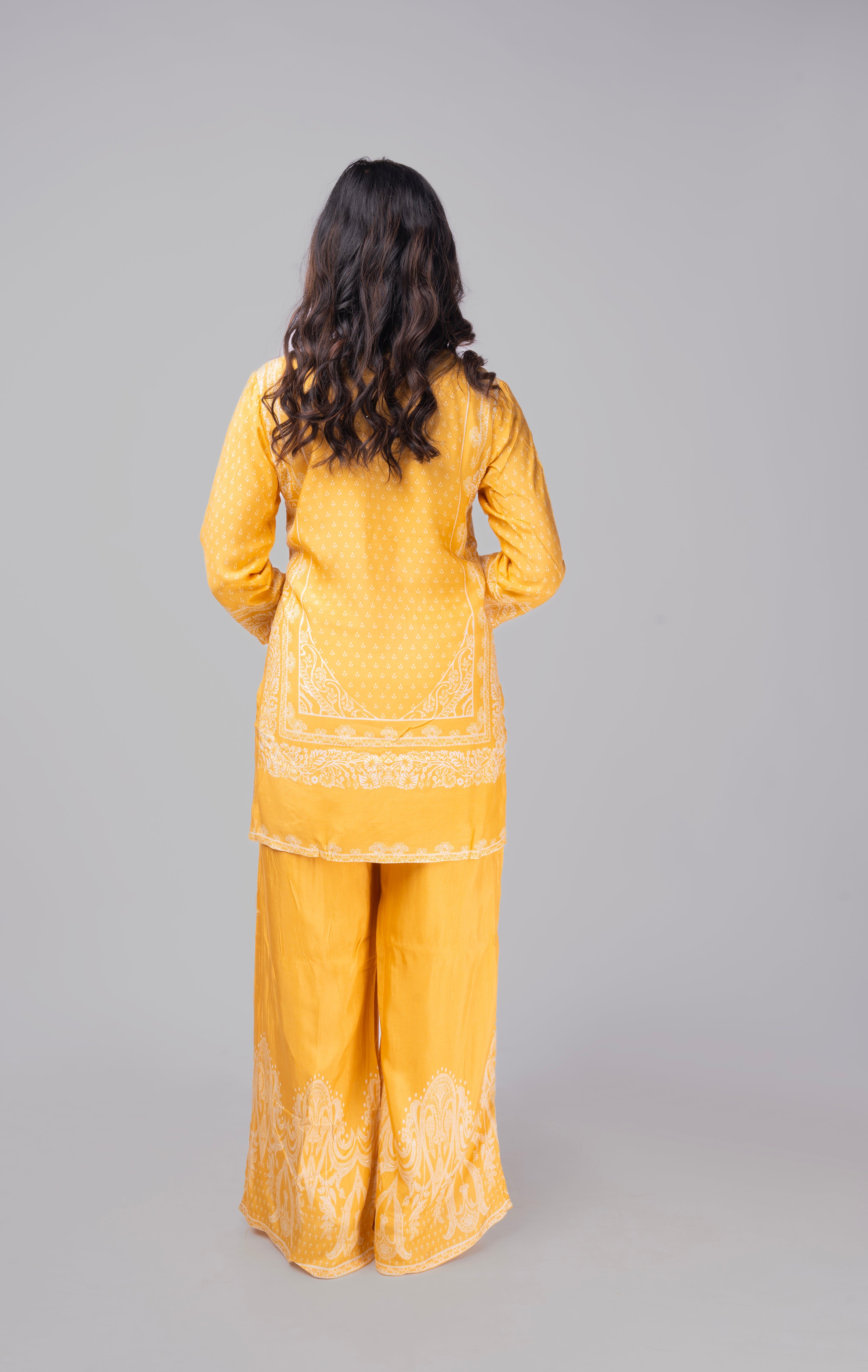 Yellow premium modal silk co-ordset with beads and sequins on neck