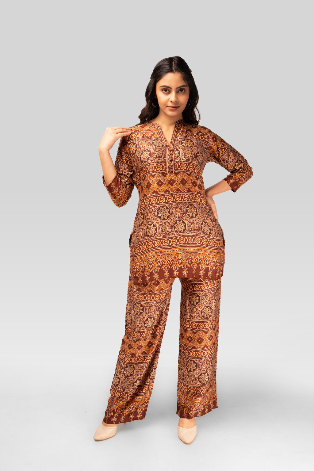 Rust Ajrakh Printed Kurti Co-ord Set