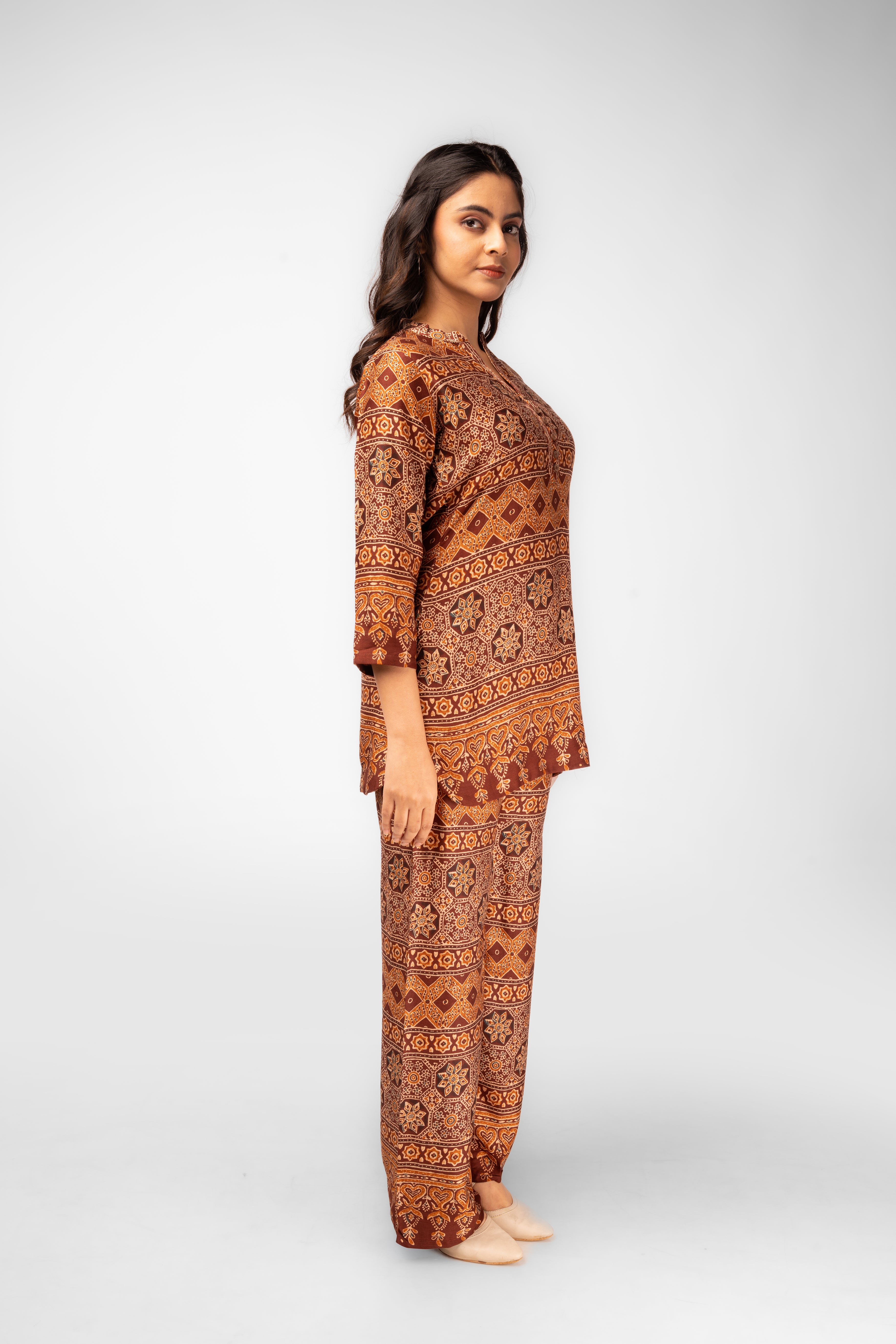 Rust Ajrakh Printed Kurti Co-ord Set