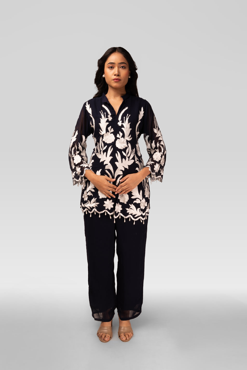 Midnight Black Embroidered Kurti Co-ord Set with Ivory Floral Work