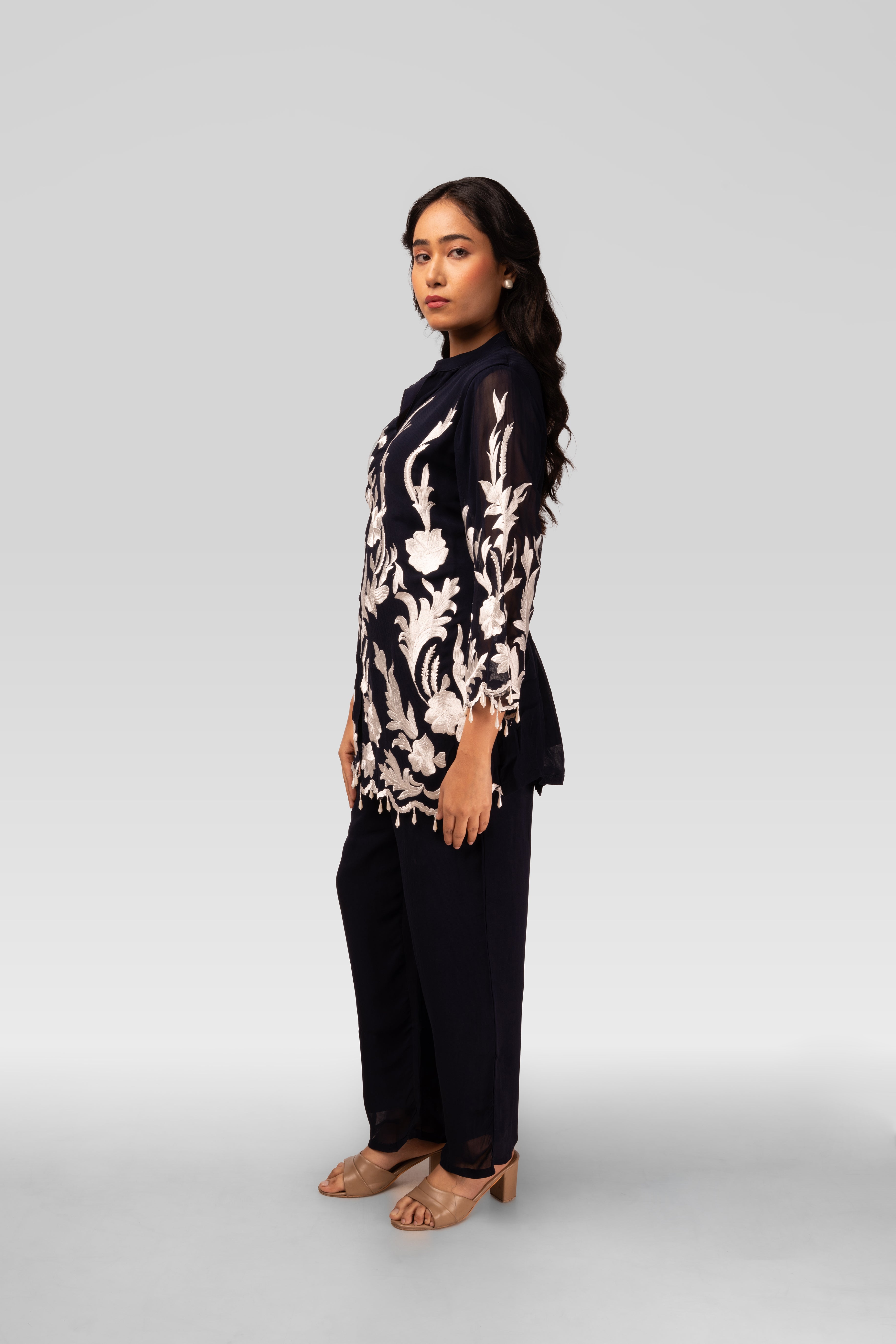 Midnight Black Embroidered Kurti Co-ord Set with Ivory Floral Work