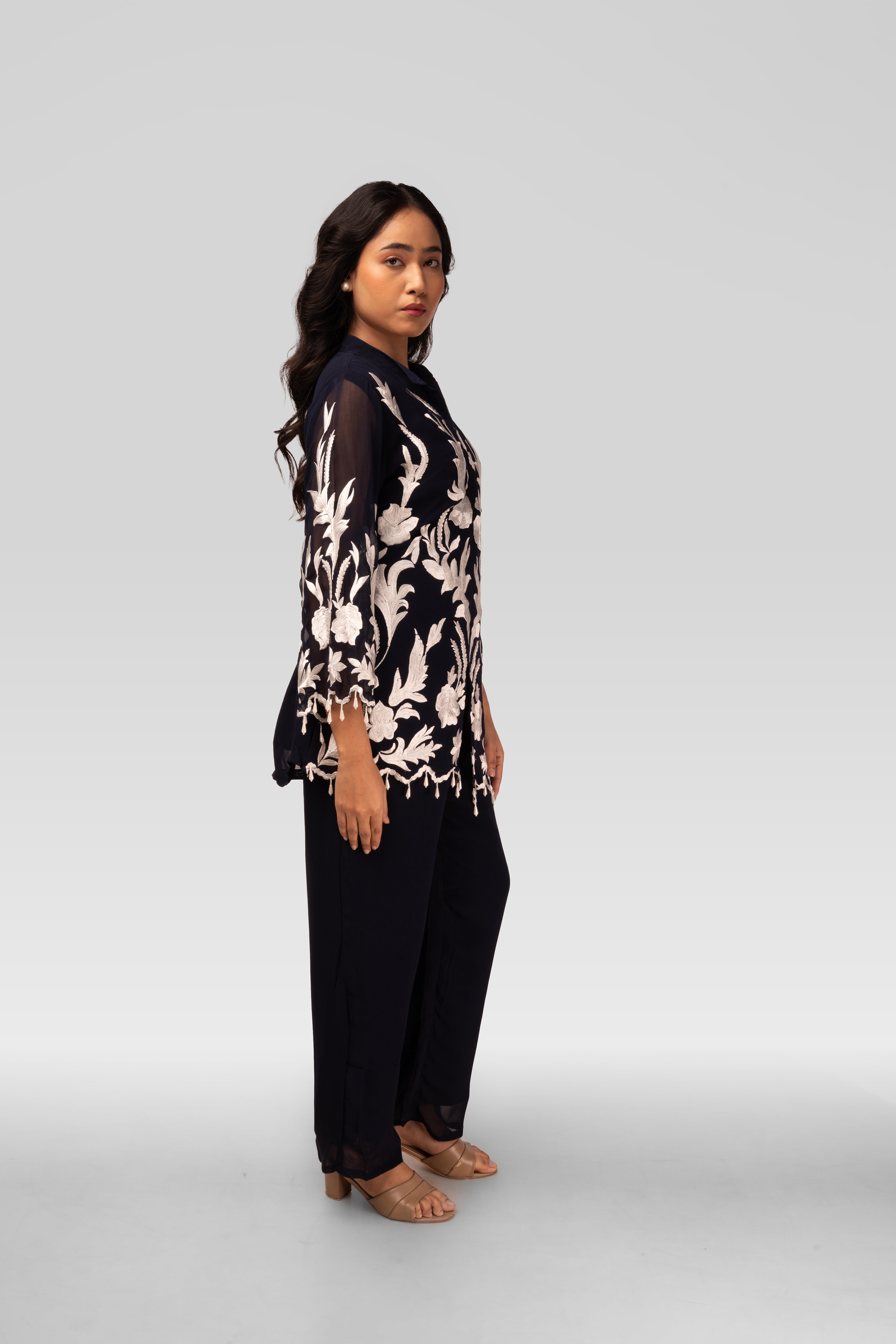 Midnight Black Embroidered Kurti Co-ord Set with Ivory Floral Work