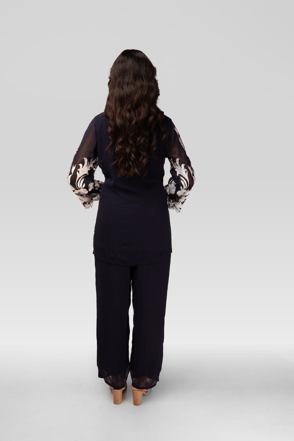 Midnight Black Embroidered Kurti Co-ord Set with Ivory Floral Work