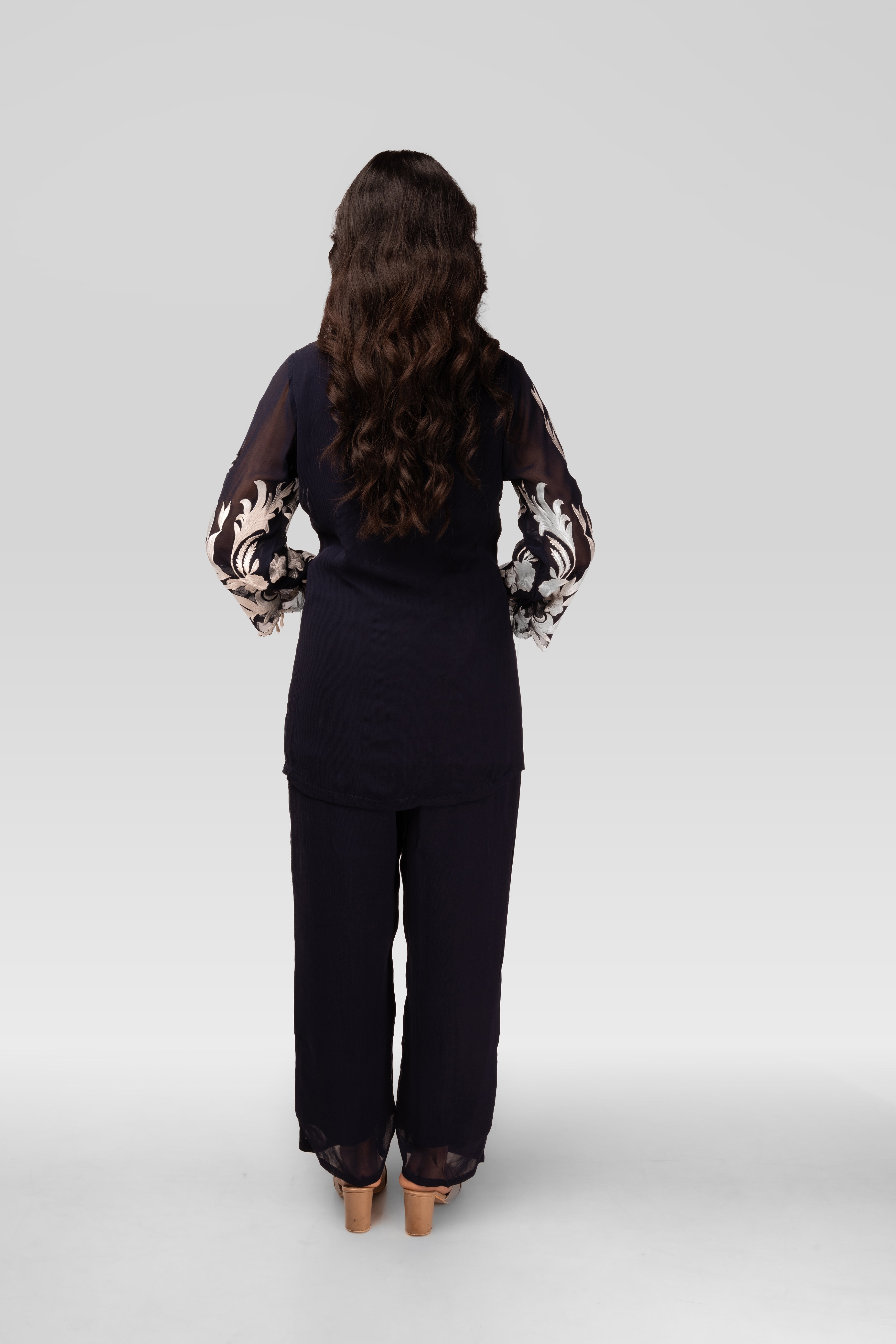 Midnight Black Embroidered Kurti Co-ord Set with Ivory Floral Work