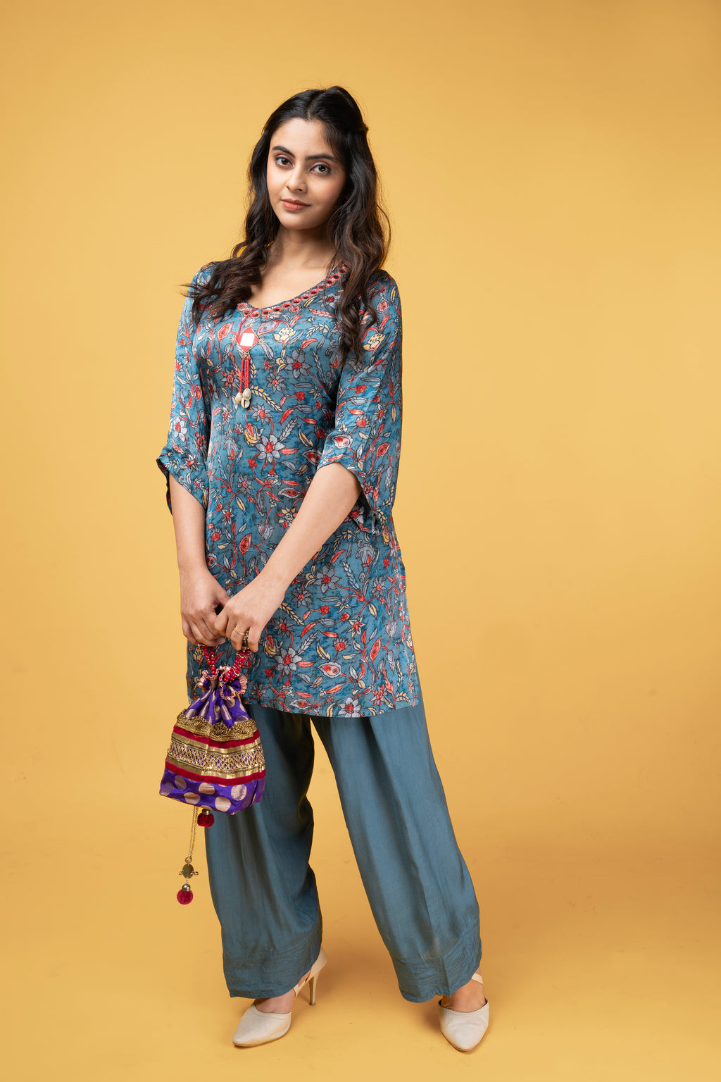 Teal Blue modal printed kurti set with farshi salwar