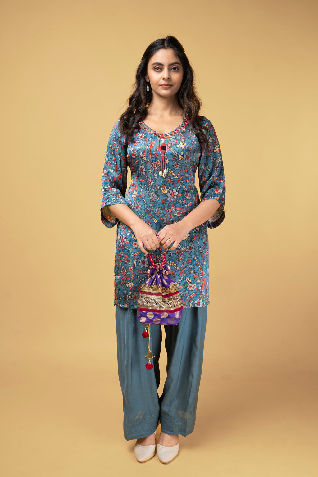 Teal Blue modal printed kurti set with farshi salwar