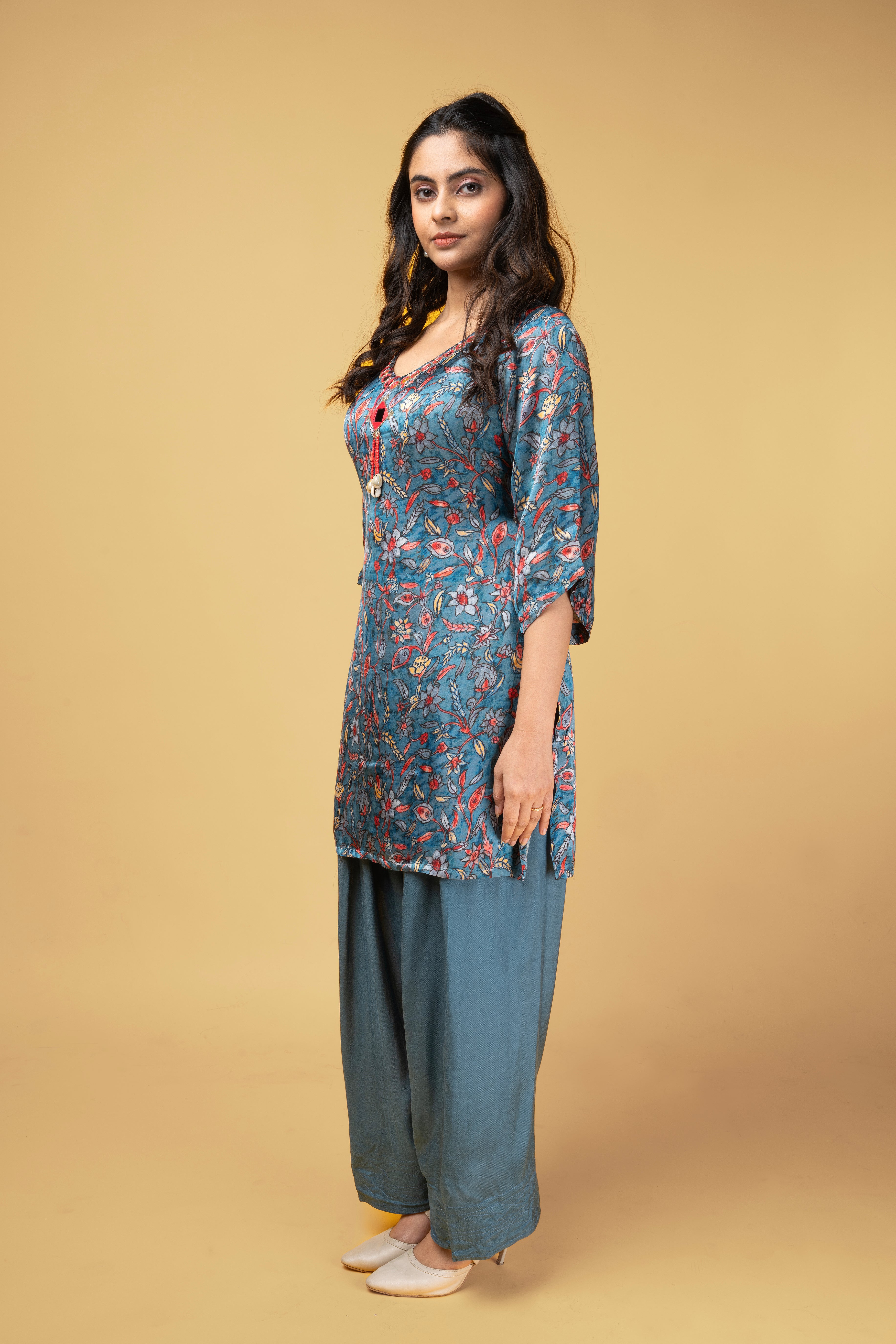 Teal Blue modal printed kurti set with farshi salwar