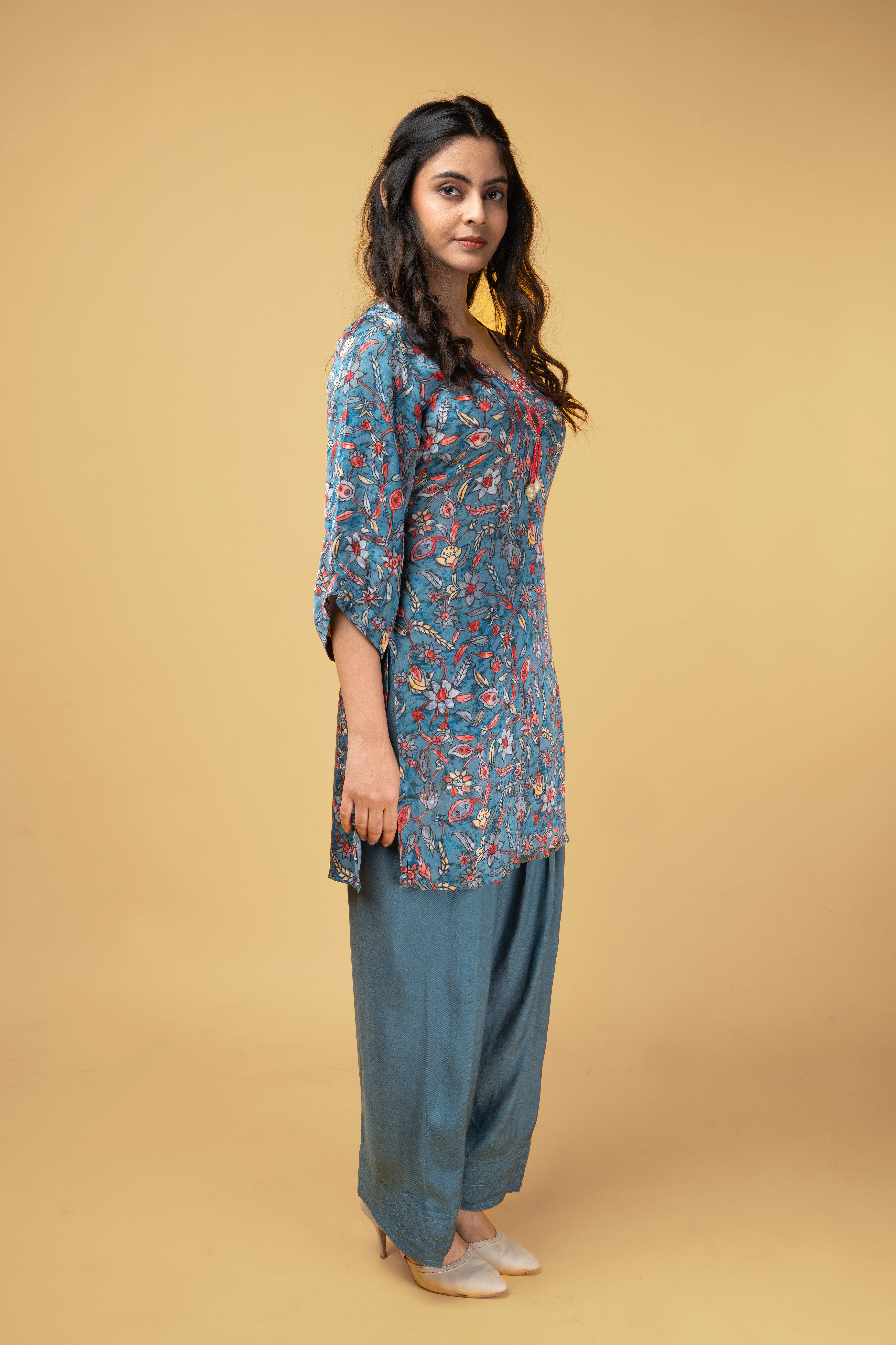 Teal Blue modal printed kurti set with farshi salwar