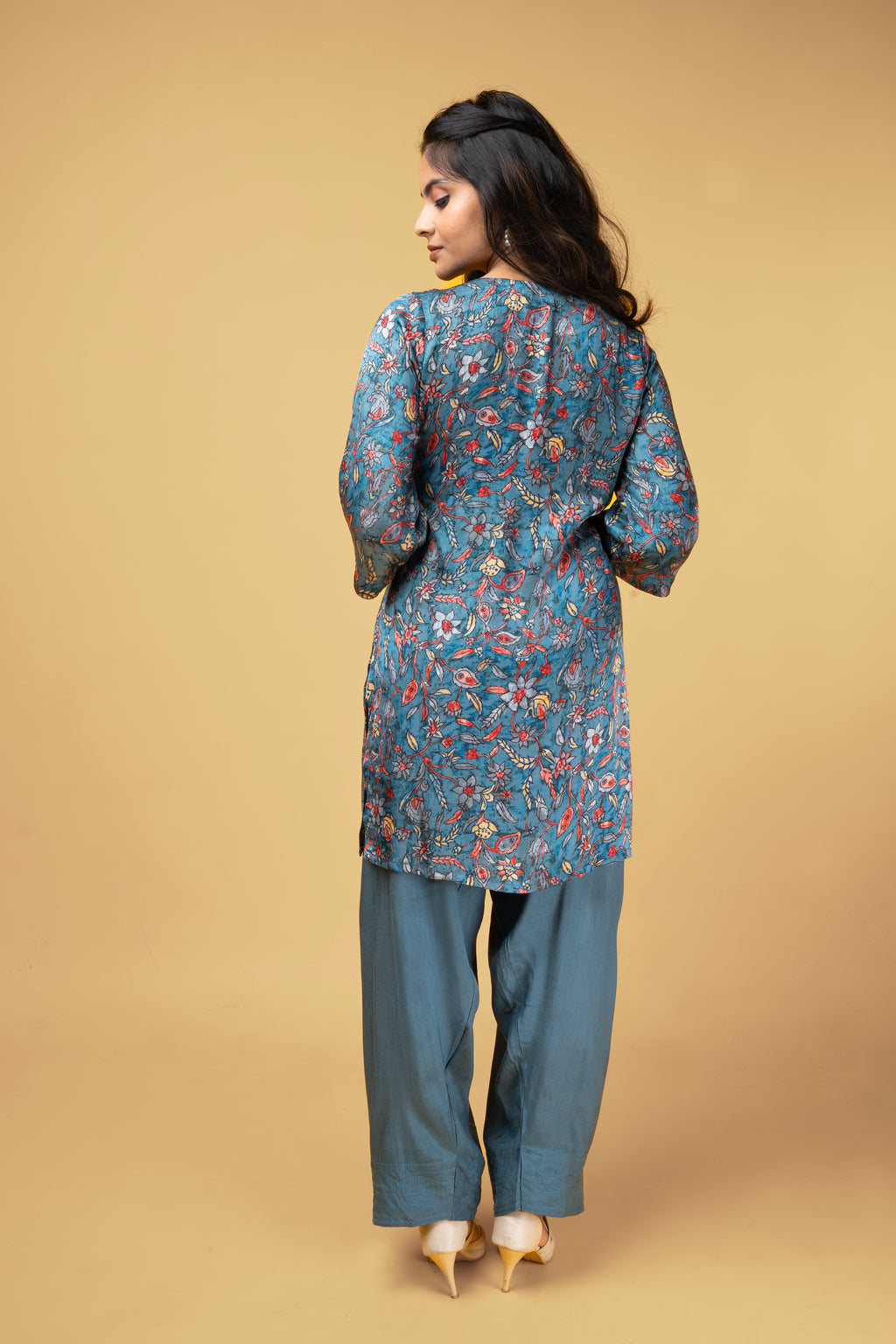 Teal Blue modal printed kurti set with farshi salwar