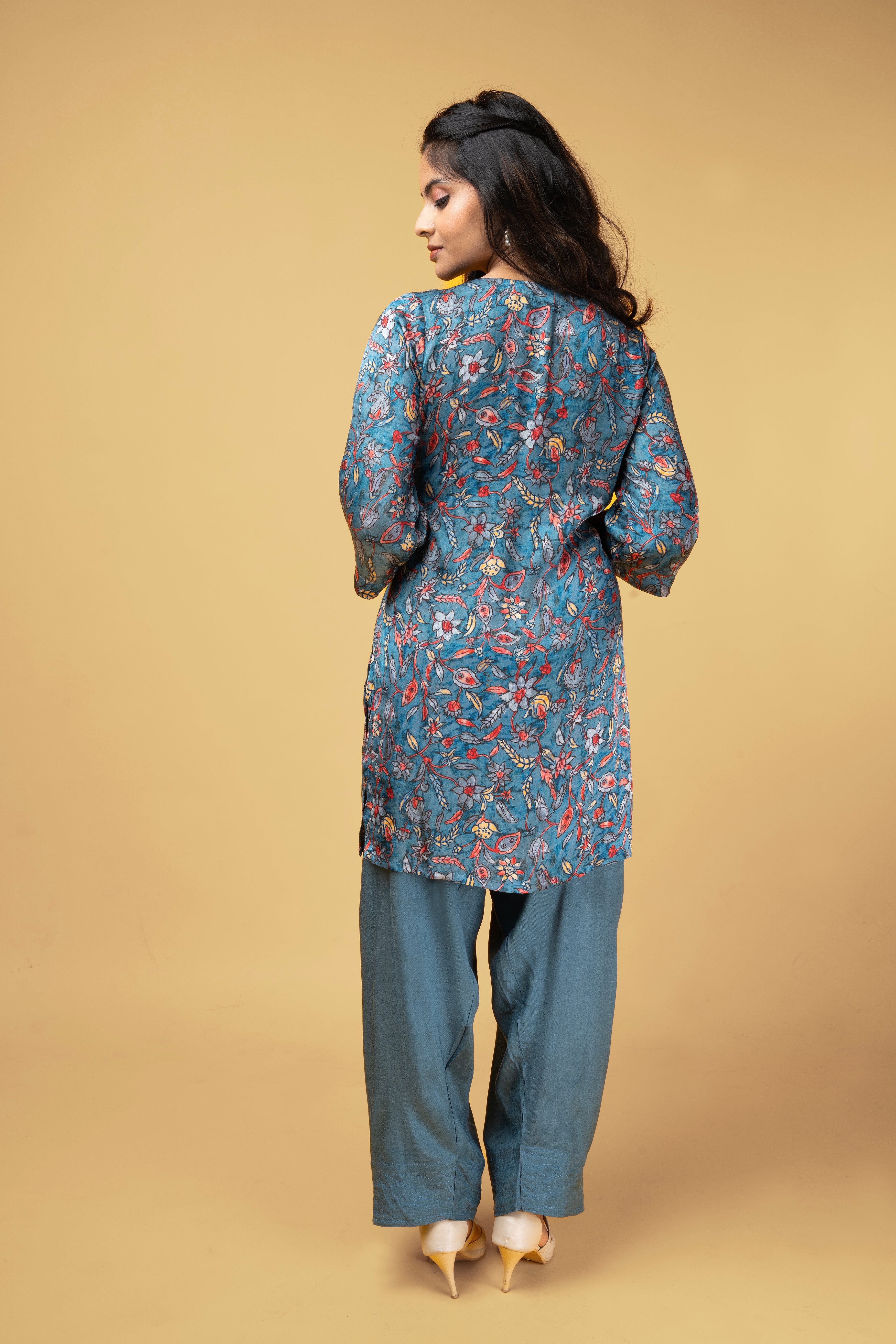 Teal Blue modal printed kurti set with farshi salwar