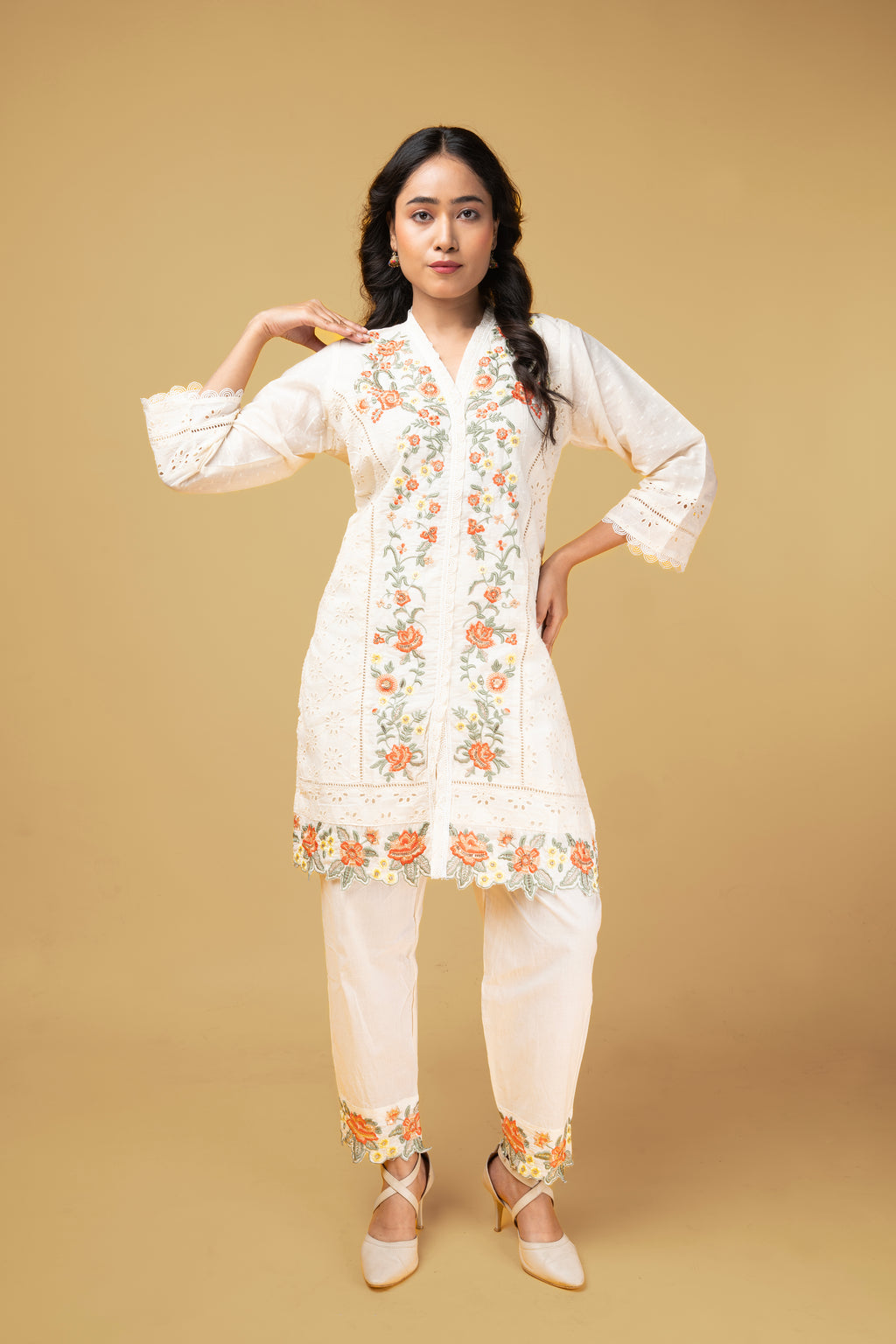 Ivory Floral Embroidered Kurti Set