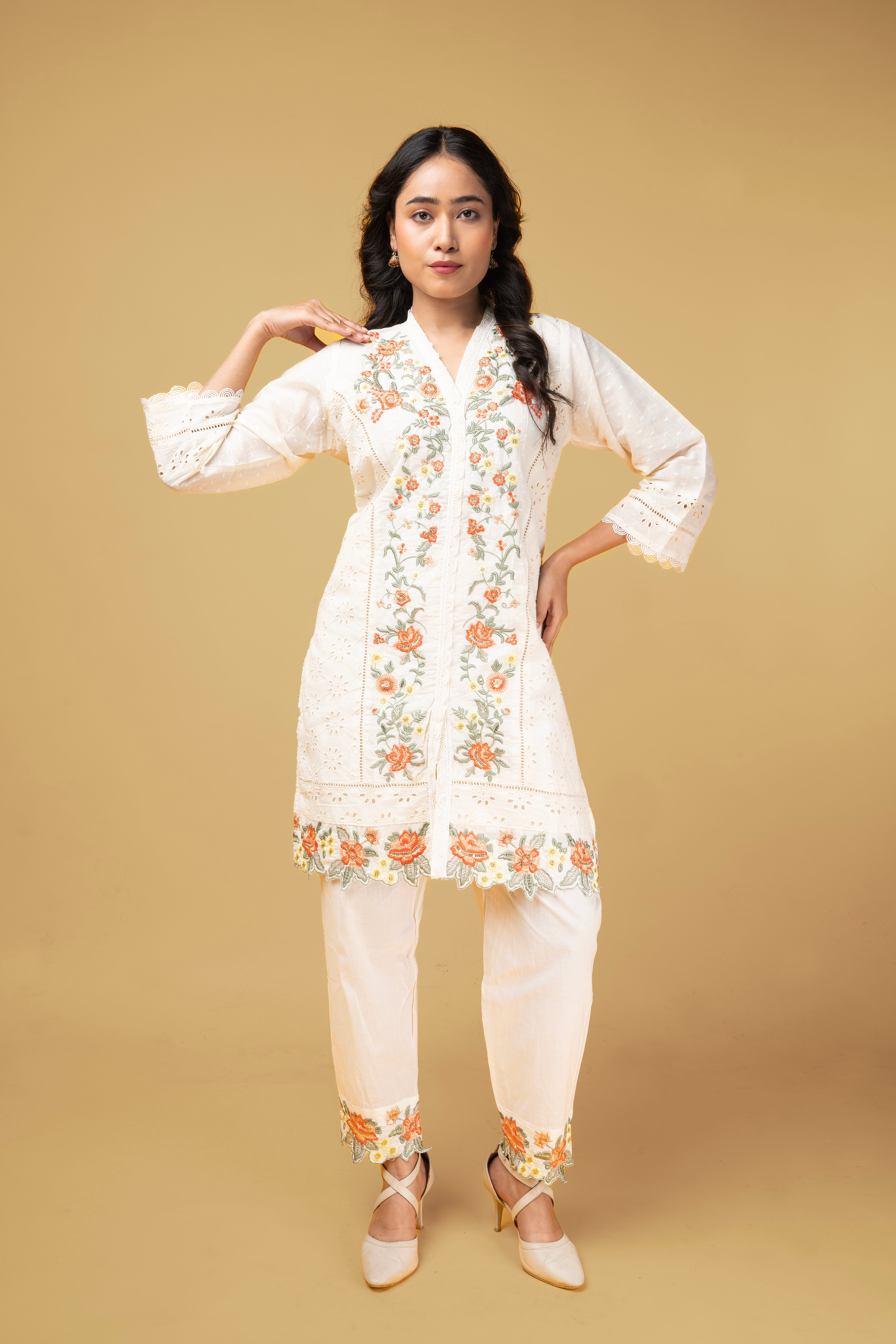Ivory Floral Embroidered Kurti Set