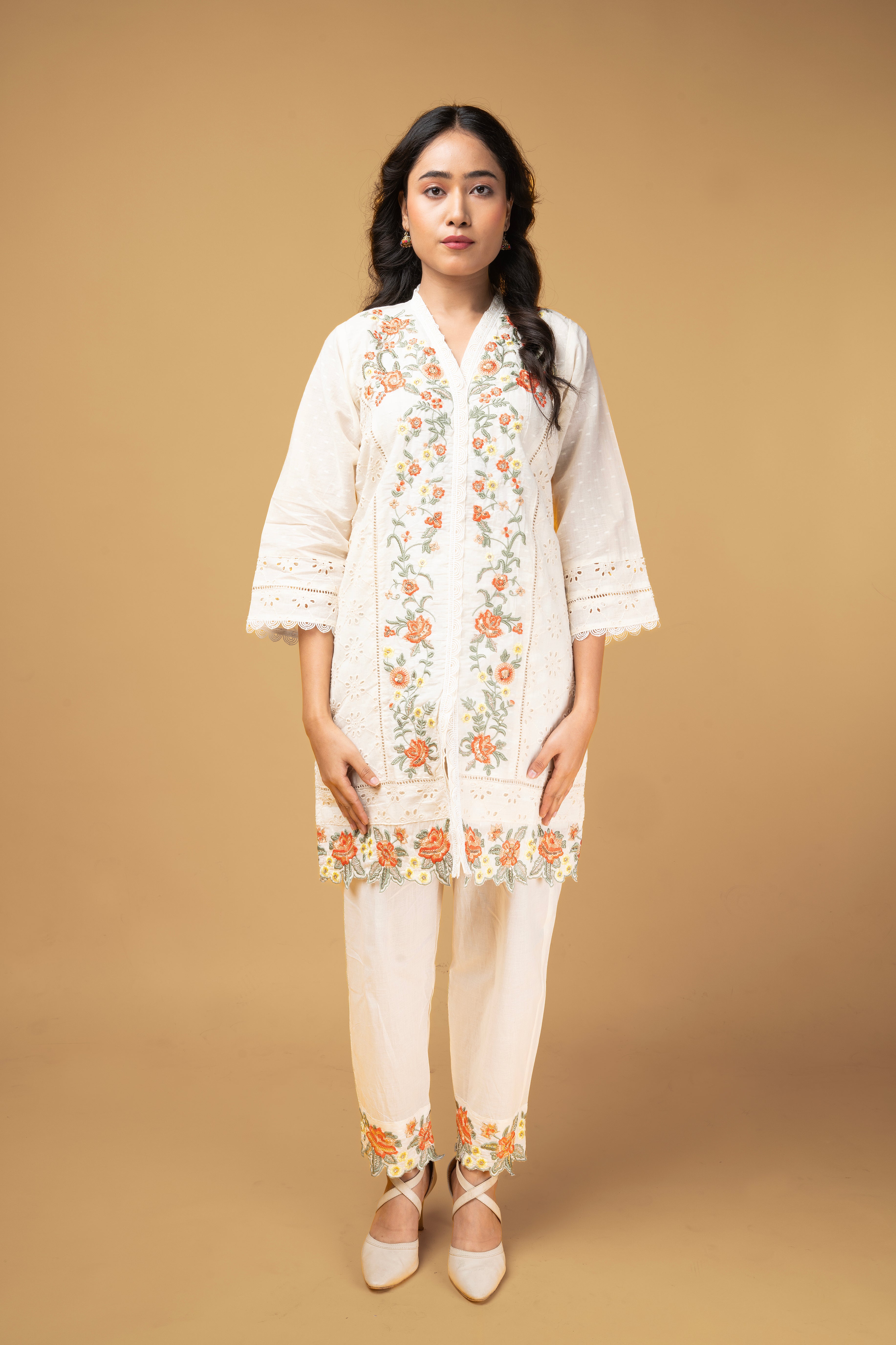 Ivory Floral Embroidered Kurti Set
