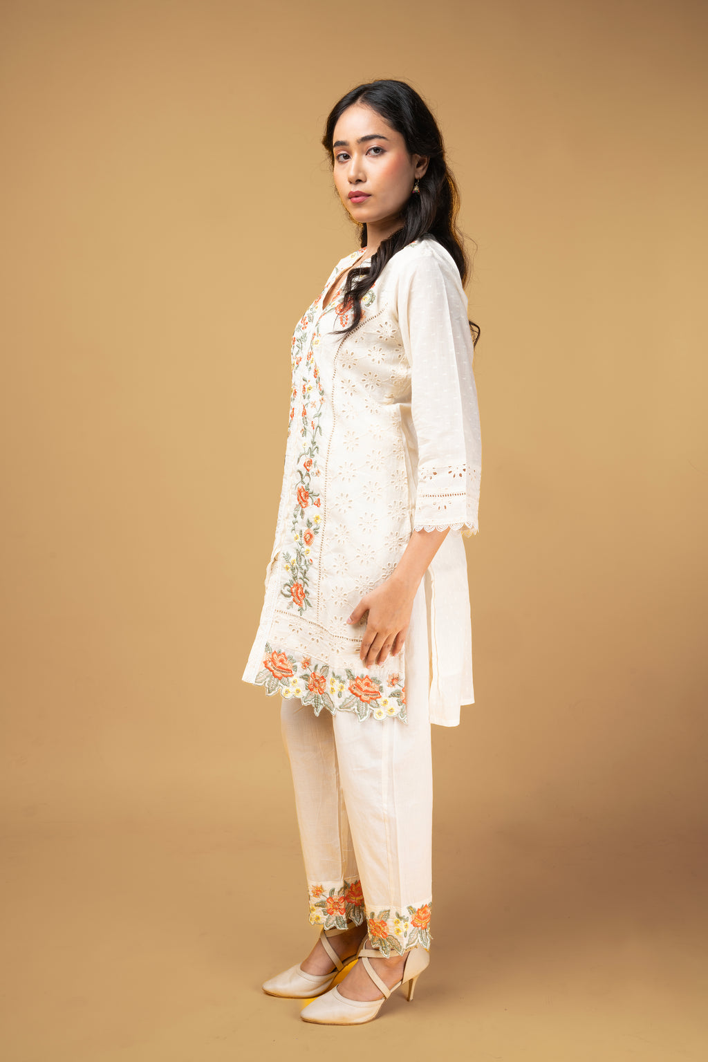 Ivory Floral Embroidered Kurti Set