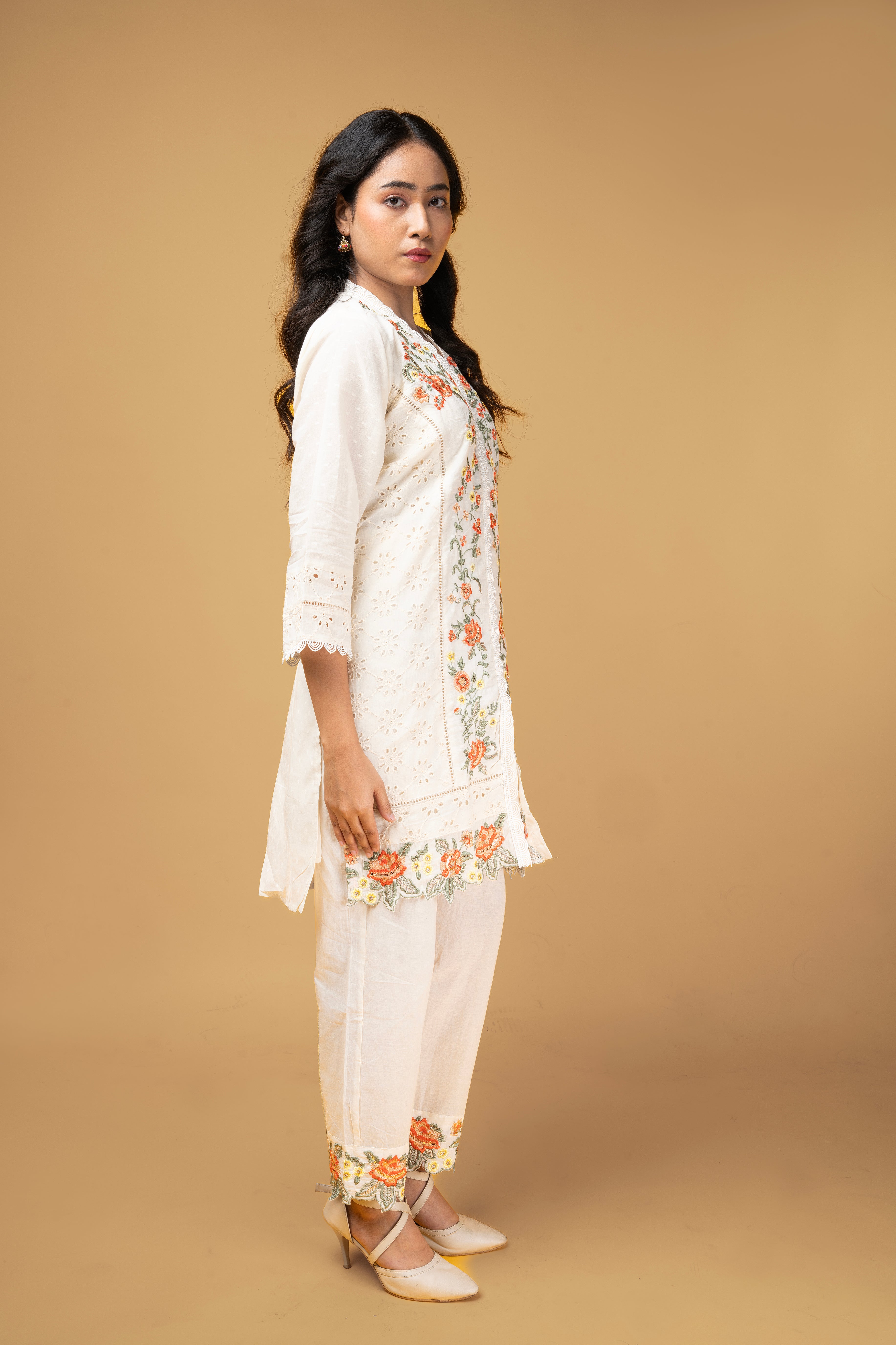 Ivory Floral Embroidered Kurti Set