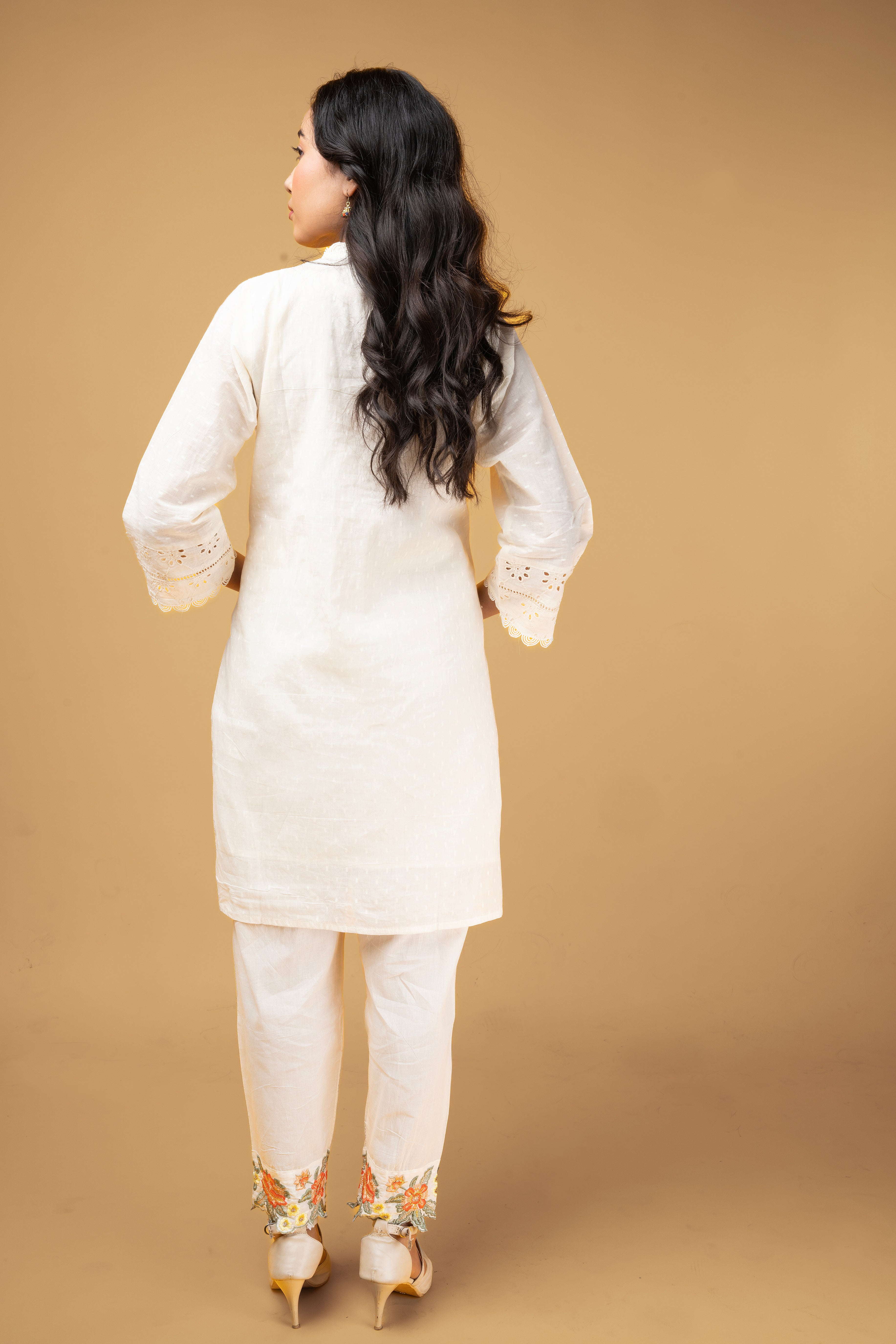 Ivory Floral Embroidered Kurti Set