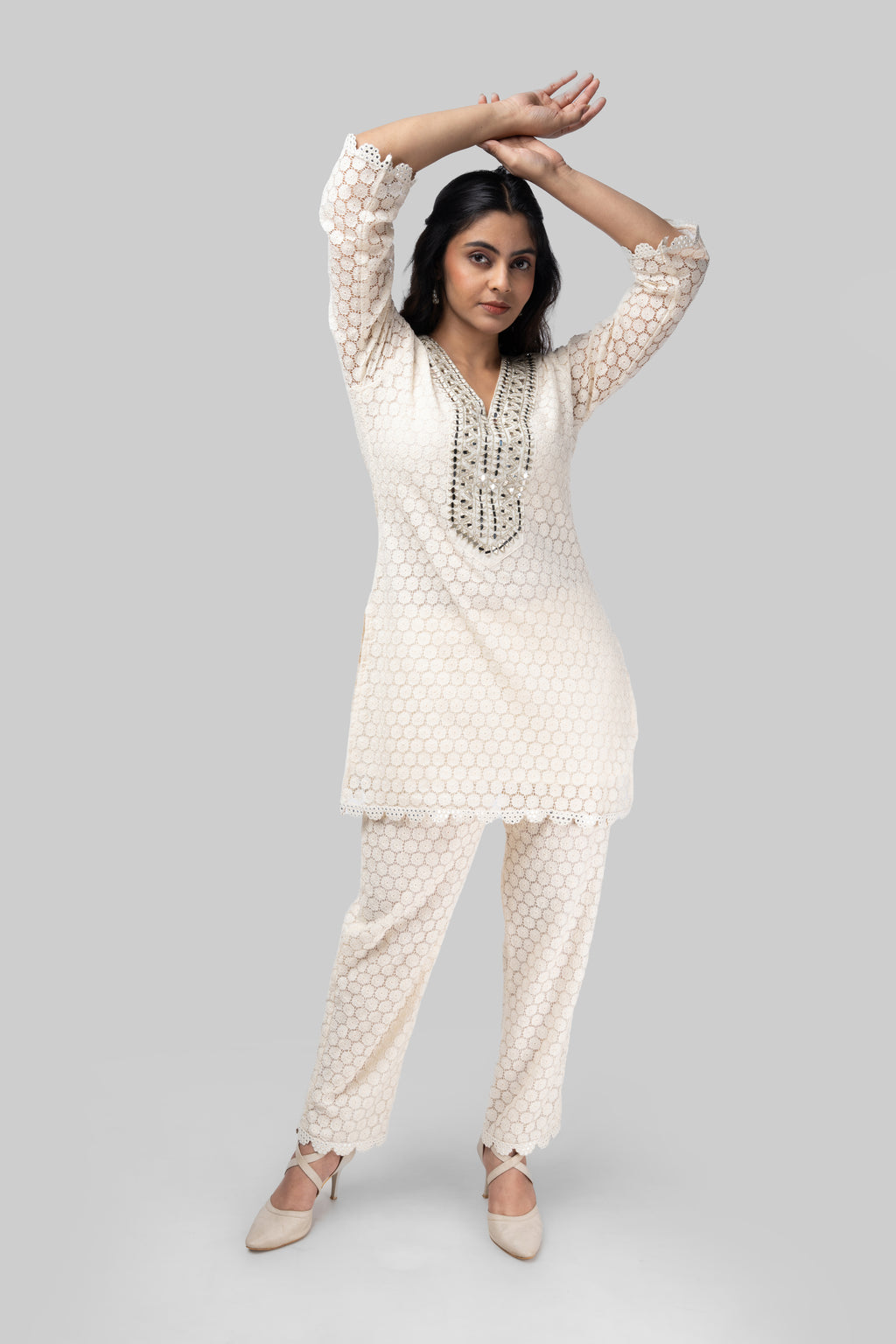 Ivory Chikankari Lace Kurti Set
