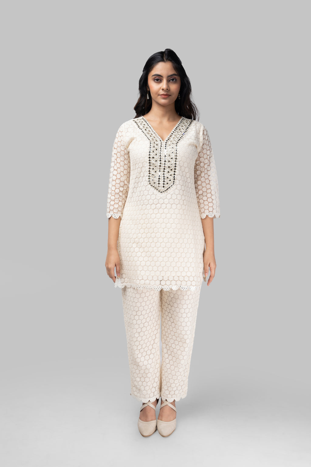 Ivory Chikankari Lace Kurti Set