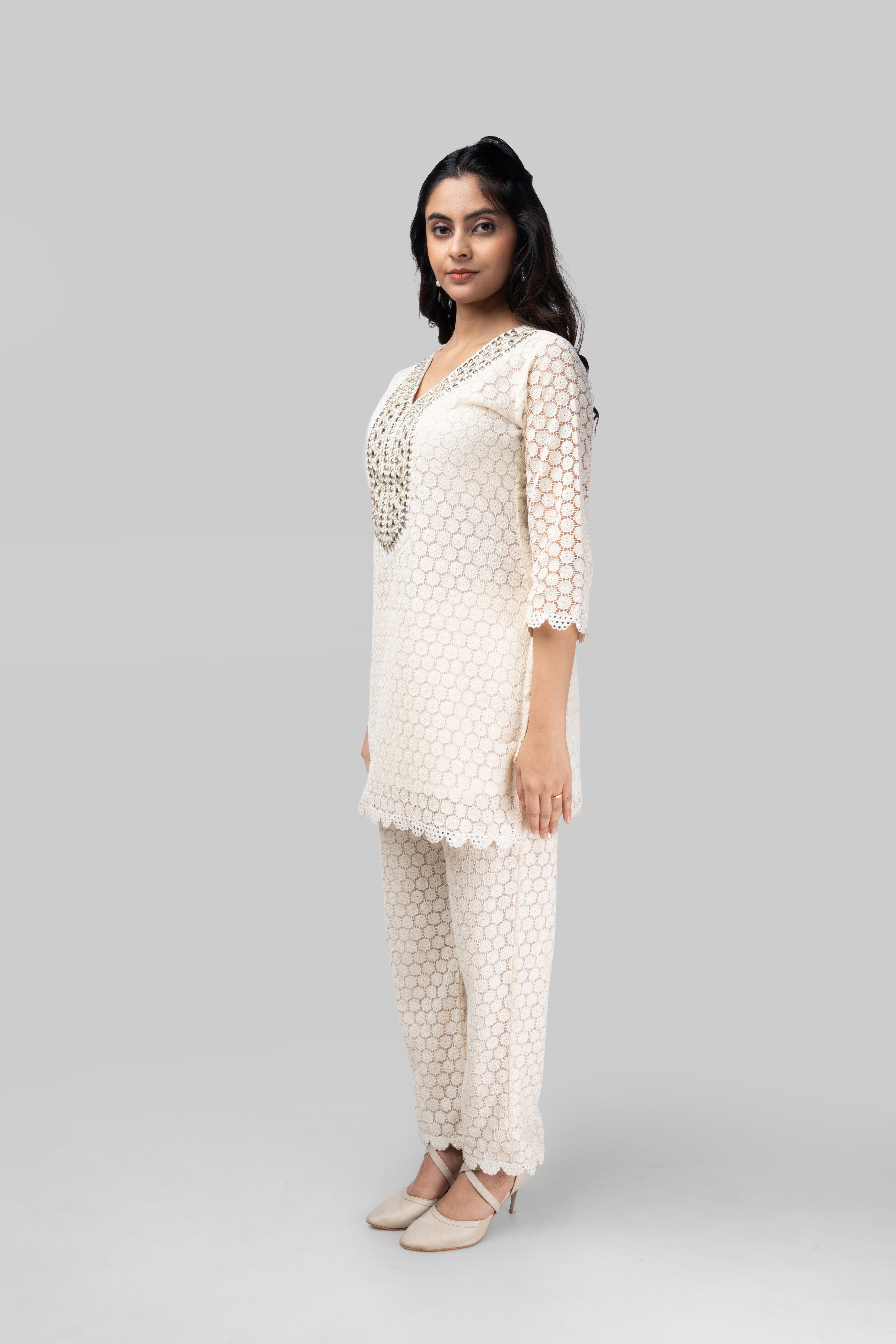 Ivory Chikankari Lace Kurti Set