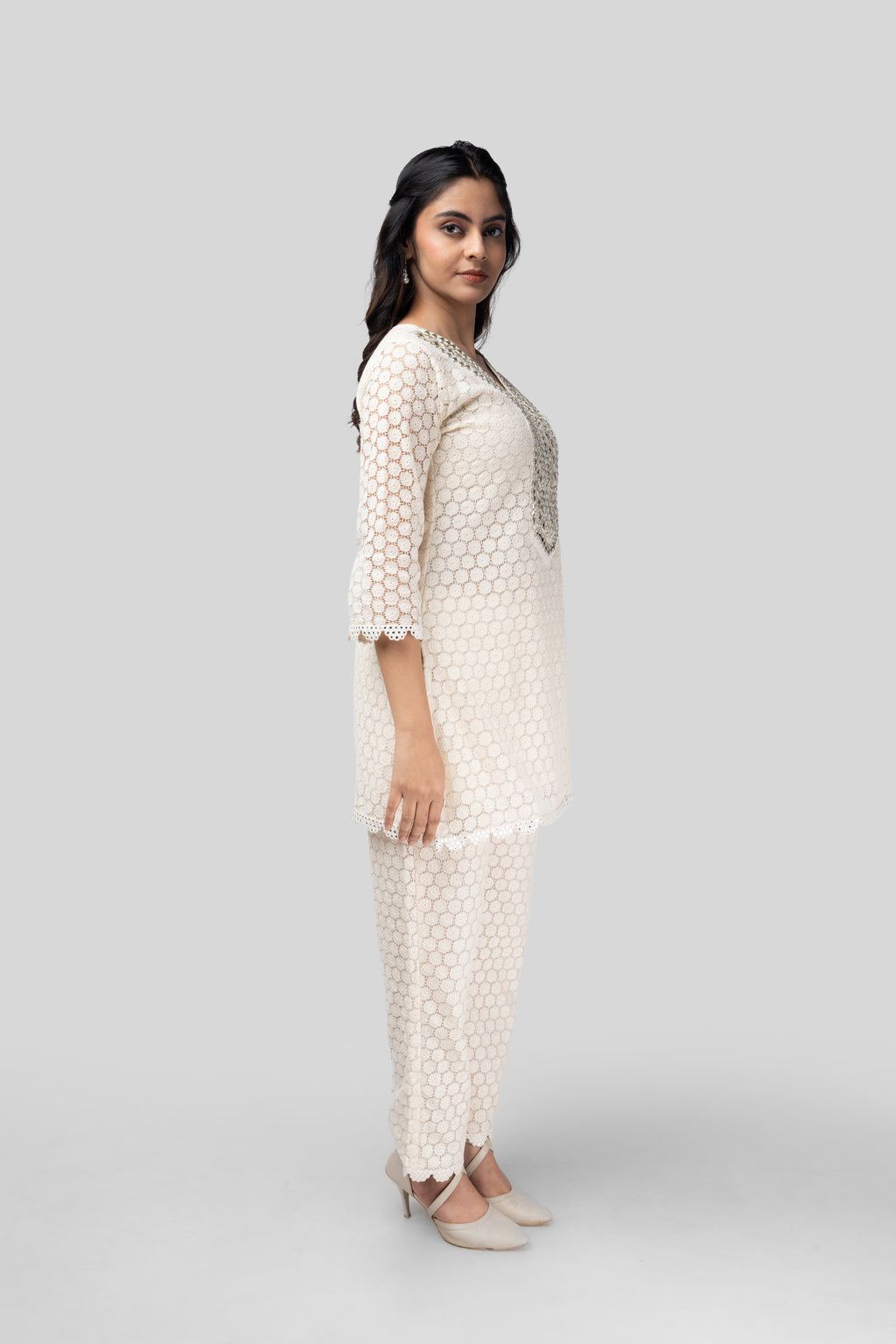 Ivory Chikankari Lace Kurti Set