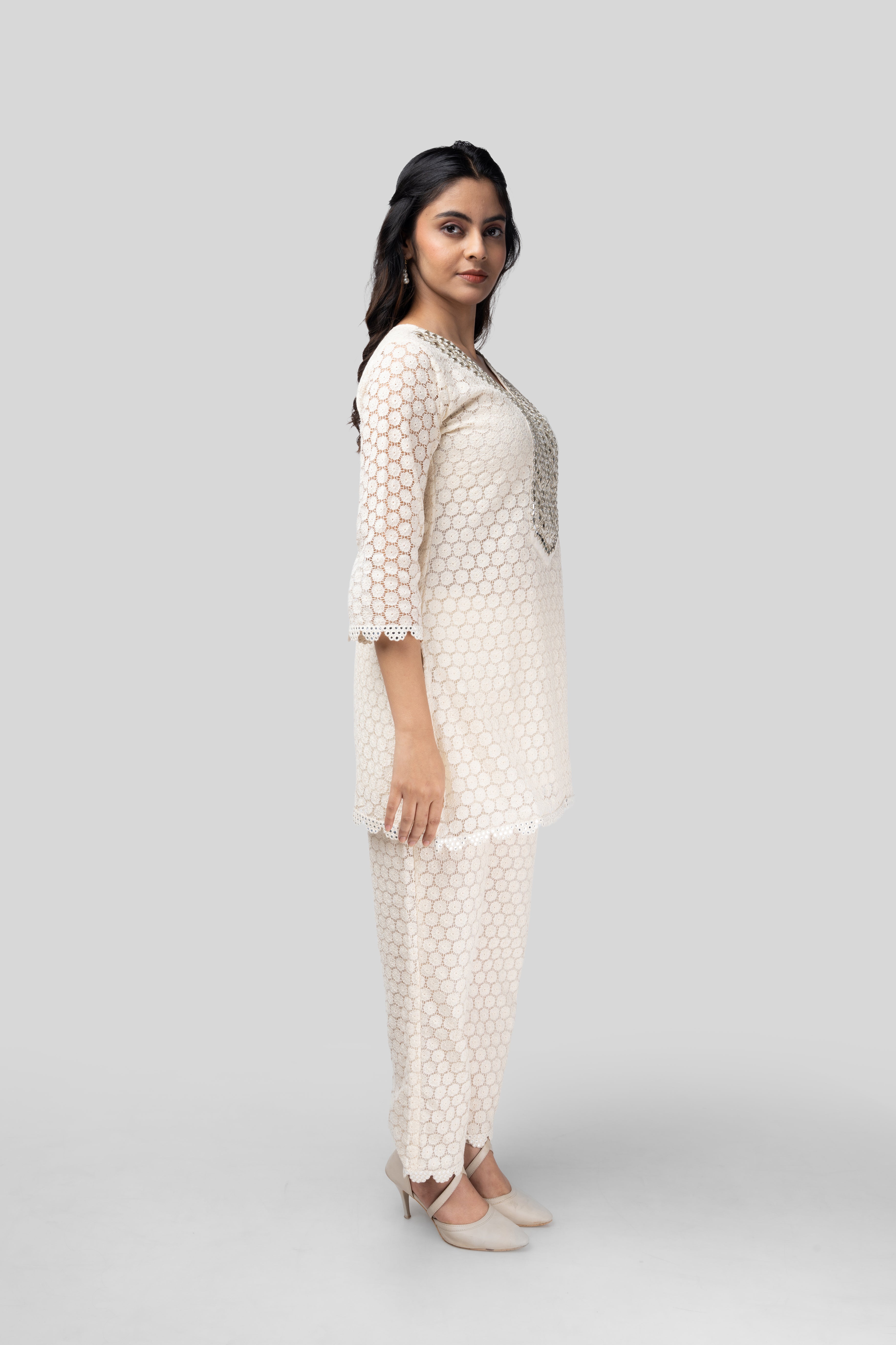 Ivory Chikankari Lace Kurti Set
