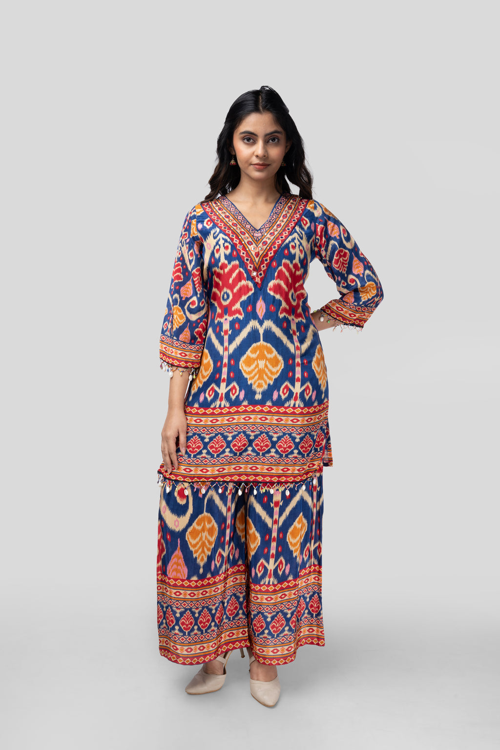 Multicoloured co-ordset with patola print in pure crape