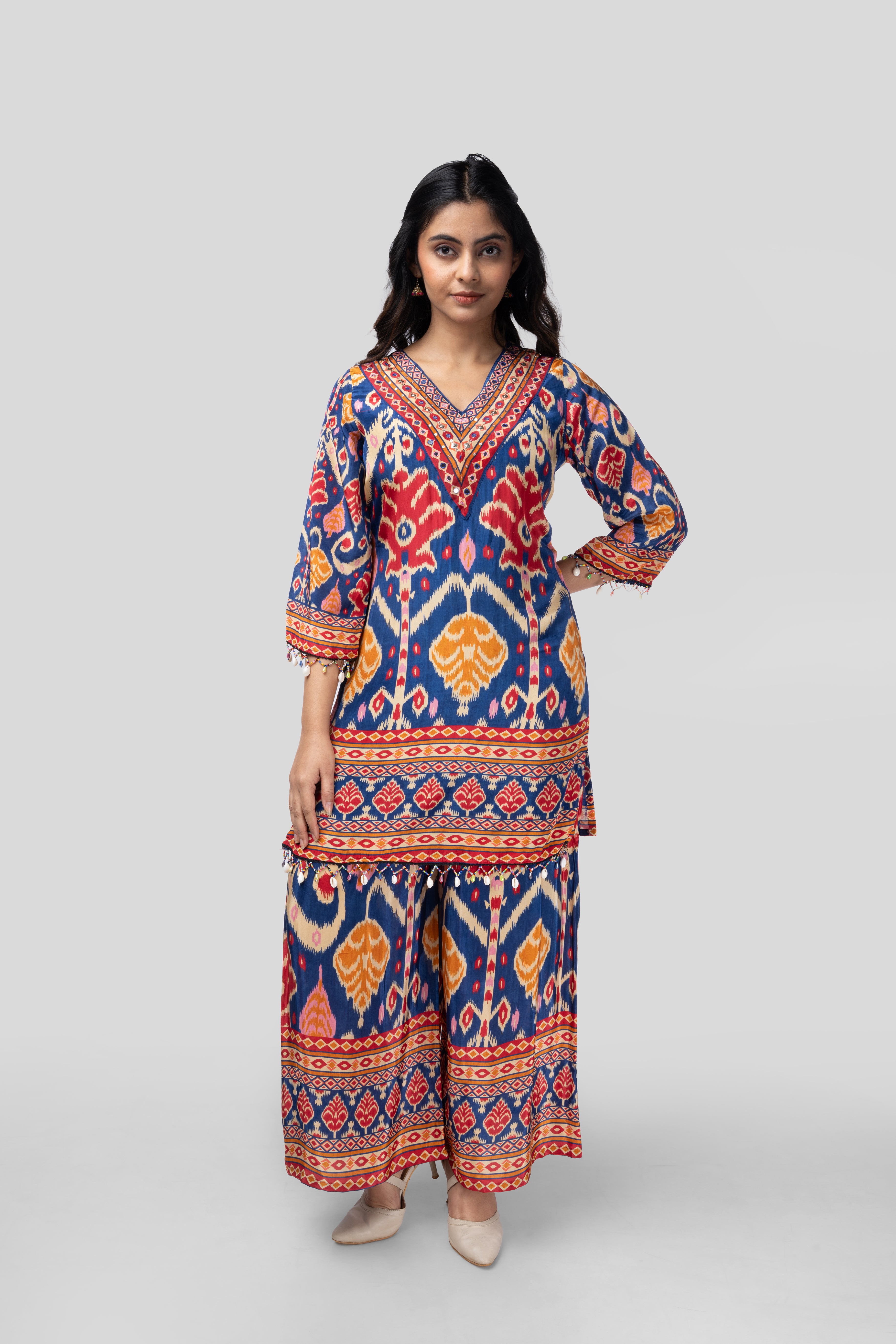 Multicoloured co-ordset with patola print in pure crape