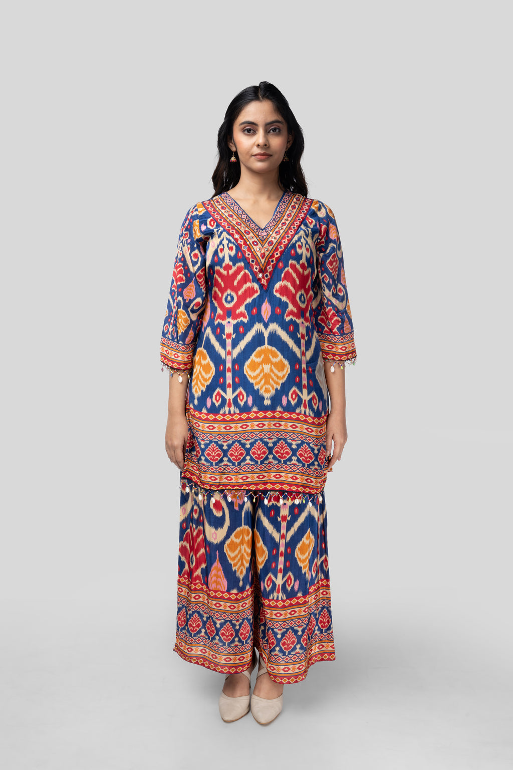 Multicoloured co-ordset with patola print in pure crape